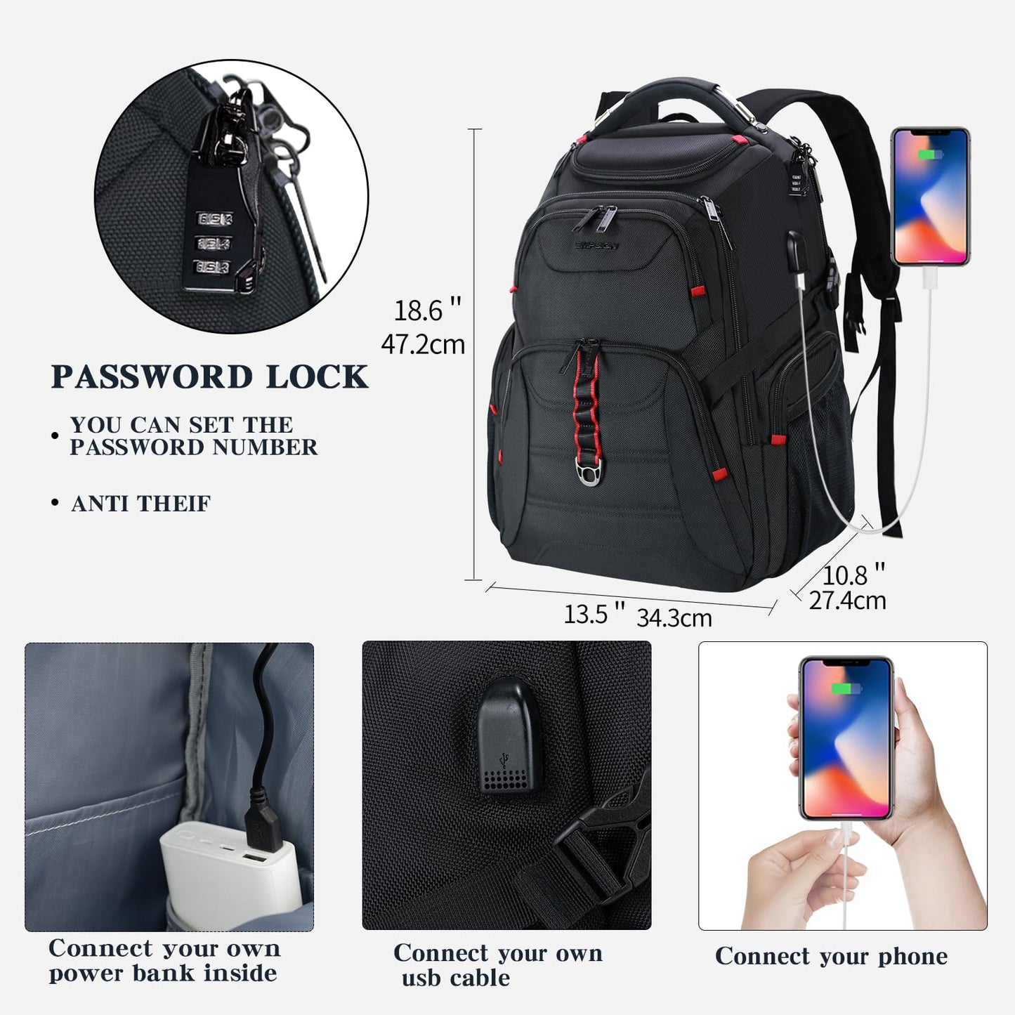 EMPSIGN Laptop Backpack 17.3 inch for Travel, Extra Large Laptop Backpack for Men Women, Water Resistant Backpack for School, TSA Friendly Anti Theft Business Work Bag with USB Charging Port, Black