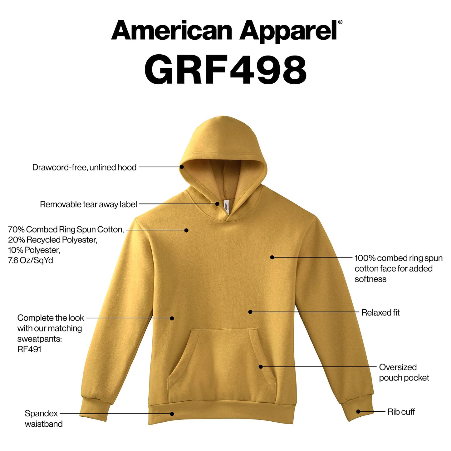American Apparel Unisex Reflex Fleece Pullover Hoodie Sweatshirt, GRF498AA, Black, Medium