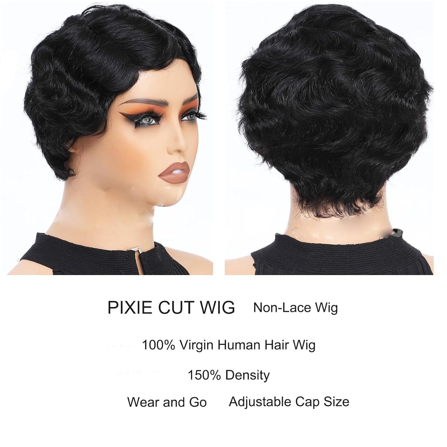 Fereowth Short Pixie Cut Wigs For Black Women Wig Finger Wave Wig Brazilian Human Hair Wigs Remy Human Hair Wig (black)