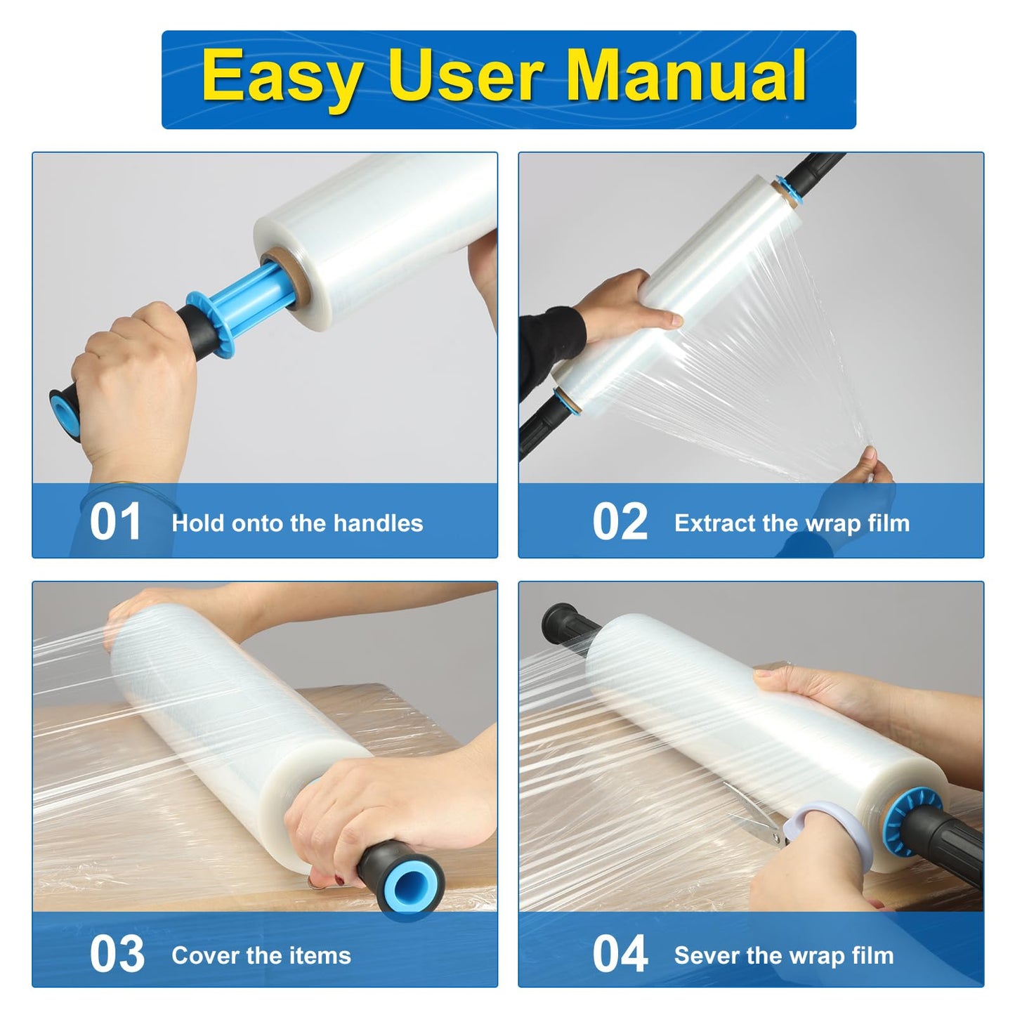 Packpal Shrink Wrap 4 Rolls (6000FT Total), Clear Stretch Film Wrap with Handles for Home Moving, Furniture, Warehouse Pallet, Storage 15 Inch x 1000FT