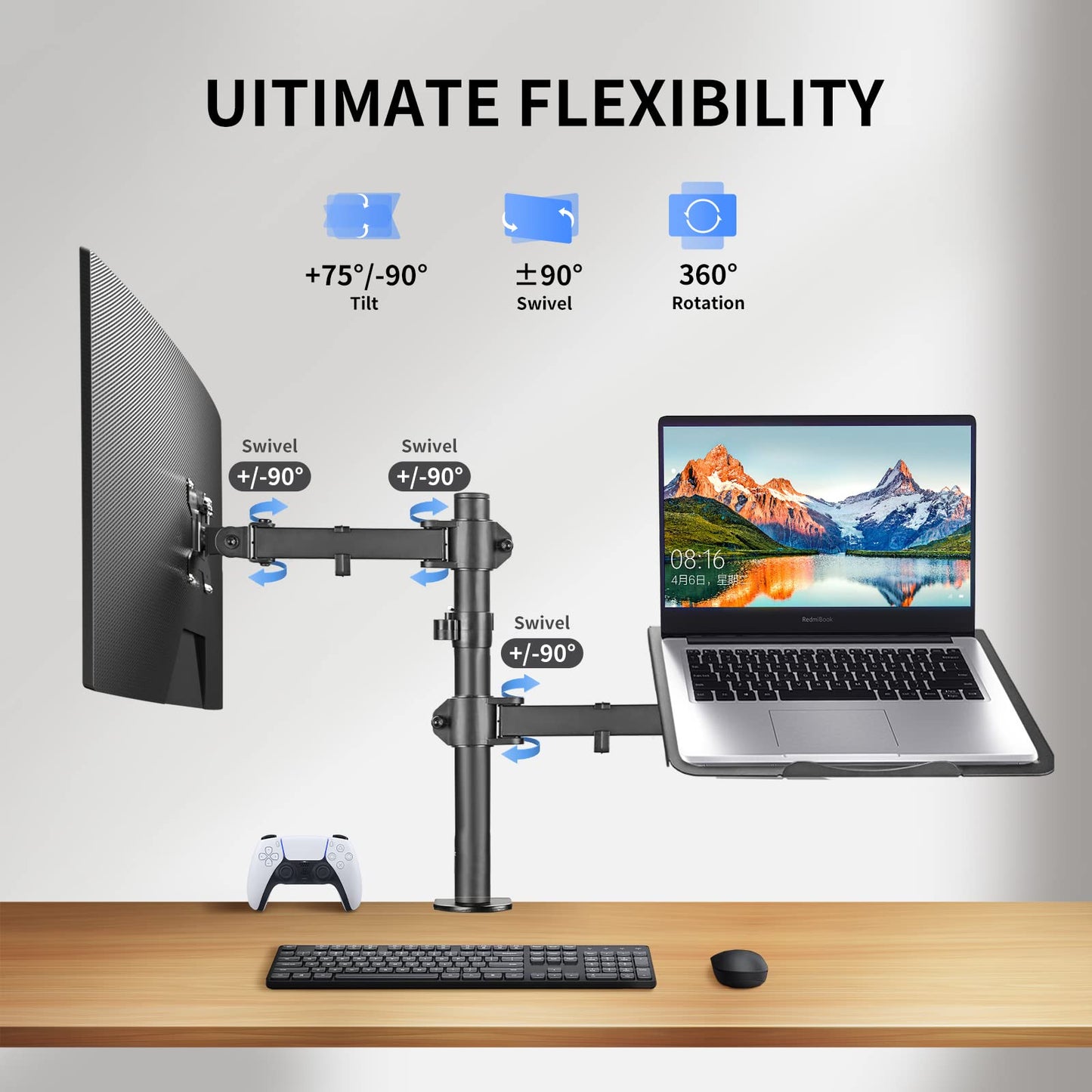 Suptek Full Motion Computer Monitor and Laptop Riser Desk Mount Stand, Height Adjustable (400mm), Fits 13-27" Screen and up to 17" Notebooks, VESA 75/100, up to 22lbs for Each (MD6432TP004)