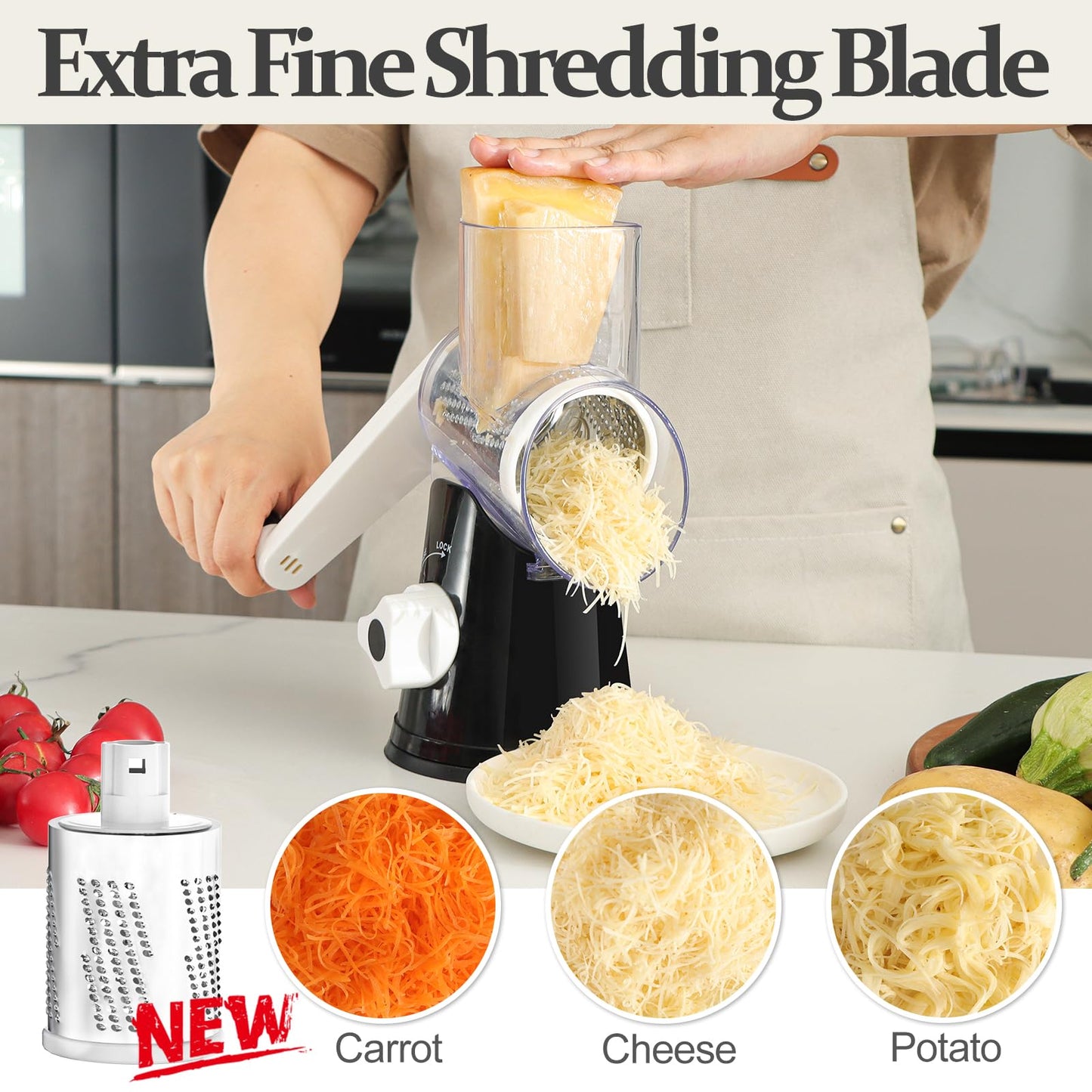 Cambom Rotary Cheese Grater Hand Crank Cheese Shredder for Fresh Cheese, Vegetable, Nuts,Non-Slip Suction Base, Five Blades, Black