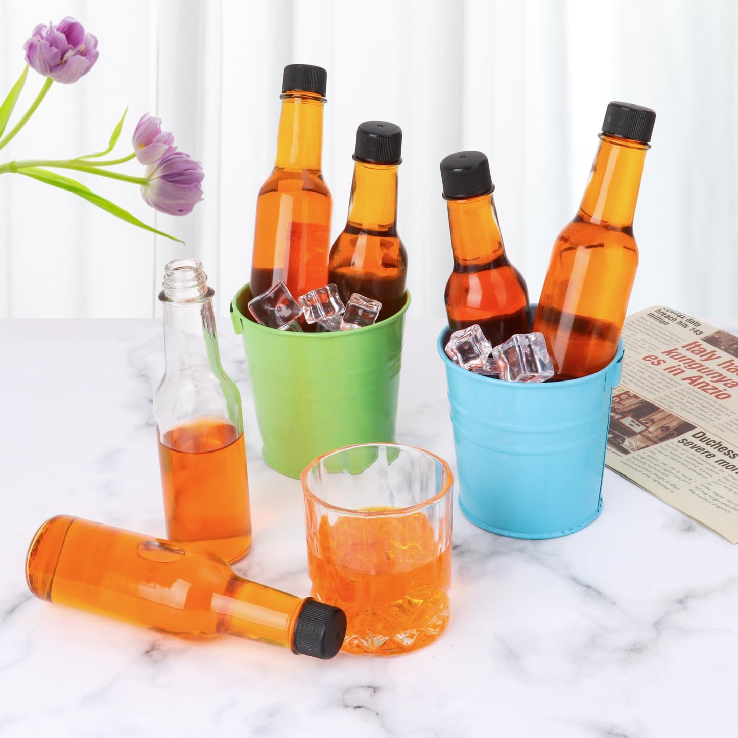 EkkoVla 35 Pack 5 oz Clear Glass Hot Sauce Bottle with Black Caps and Orifice Reducers, Clear Woozy Bottles Empty Wine Bottles with Shrink Capsules Colorful Stickers