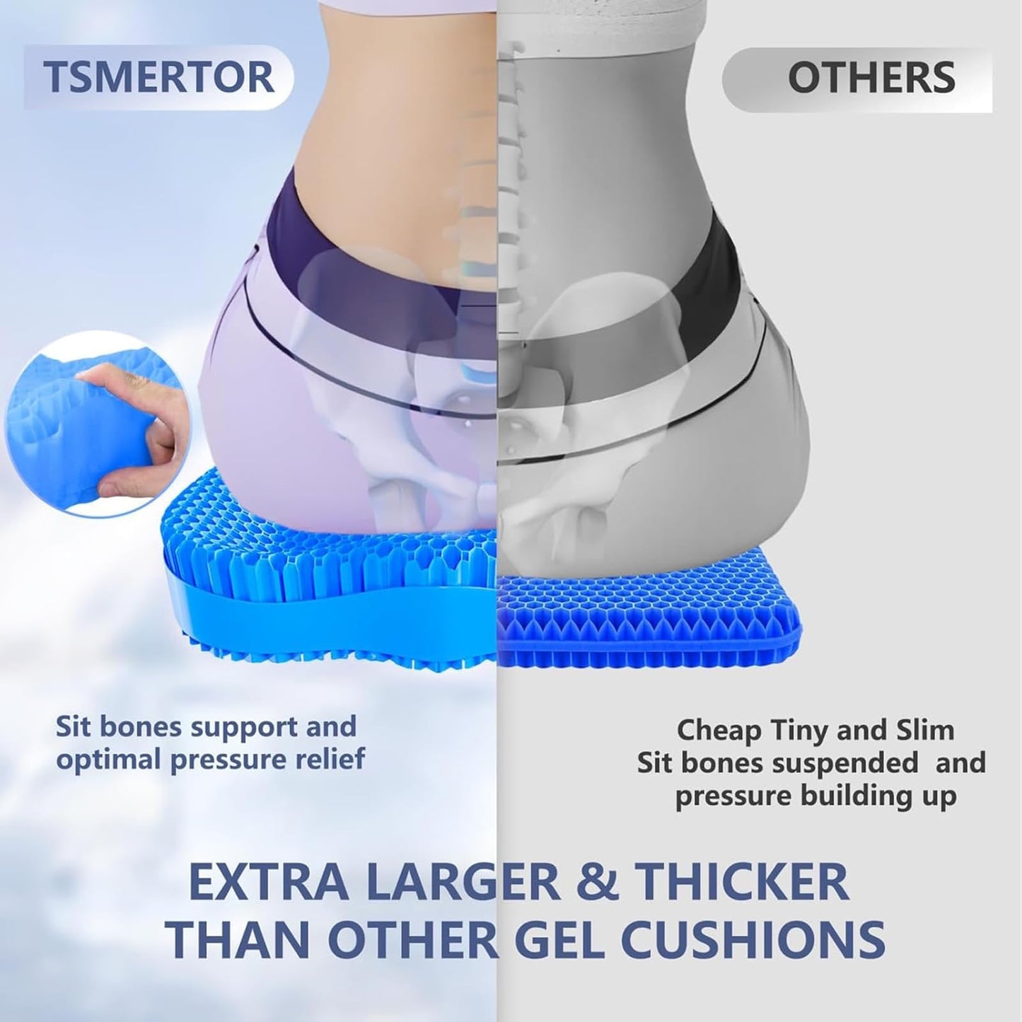 Tsmertor Gel Seat Cushion, Thicken Big Office Chair Cushion ，Car Seat Cushion for Long Sitting, Sciatica & Hip Pain Relief Pressure for Wheelchair Gamechiar Deskchair