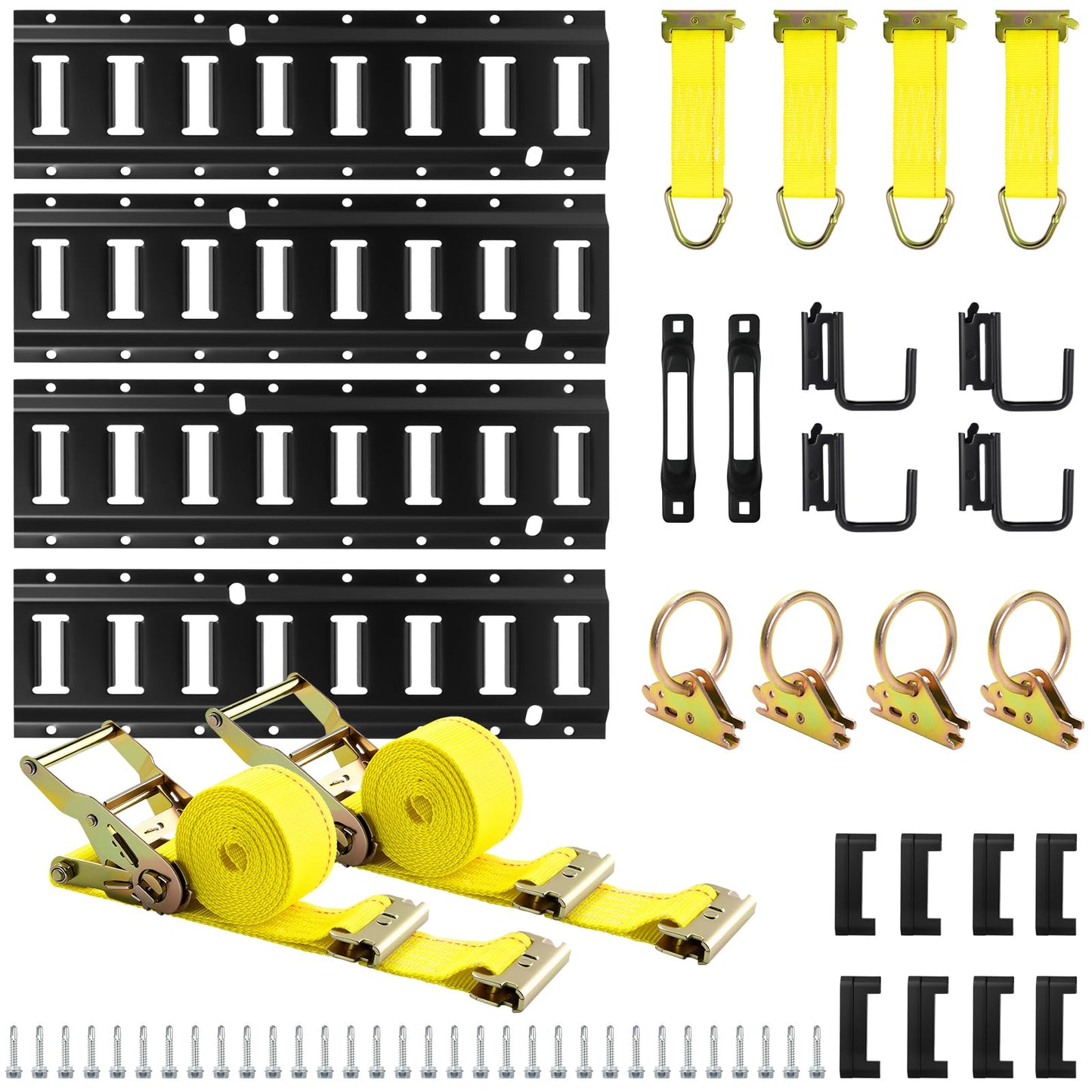 Elechomes E Track Tie-Down Rail Set: 4 Pack 16" E-Track Rails with 2 Ratchet Straps, 4 Rope Tie Offs, 4 O Rings, 4 J-Hooks, 2 Single Slot, 8 End Caps for Vans Trailers Motorcycles Garage Storage