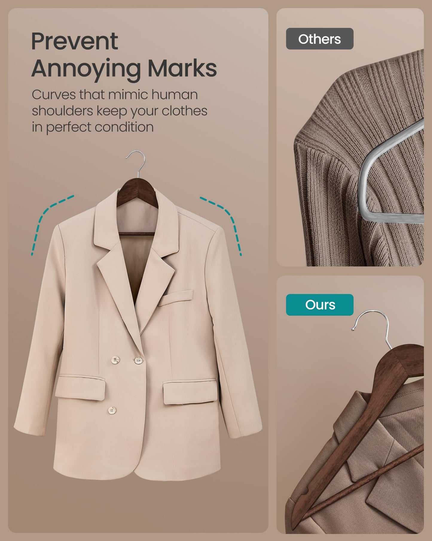 SONGMICS Wooden Hangers, Coat Hangers, Pants Bar, 360° Swivel Hooks, Solid Birch Wood, Space-Saving, for Jackets, Shirts, Coats, Pack of 30, Walnut Brown UCRW030K02
