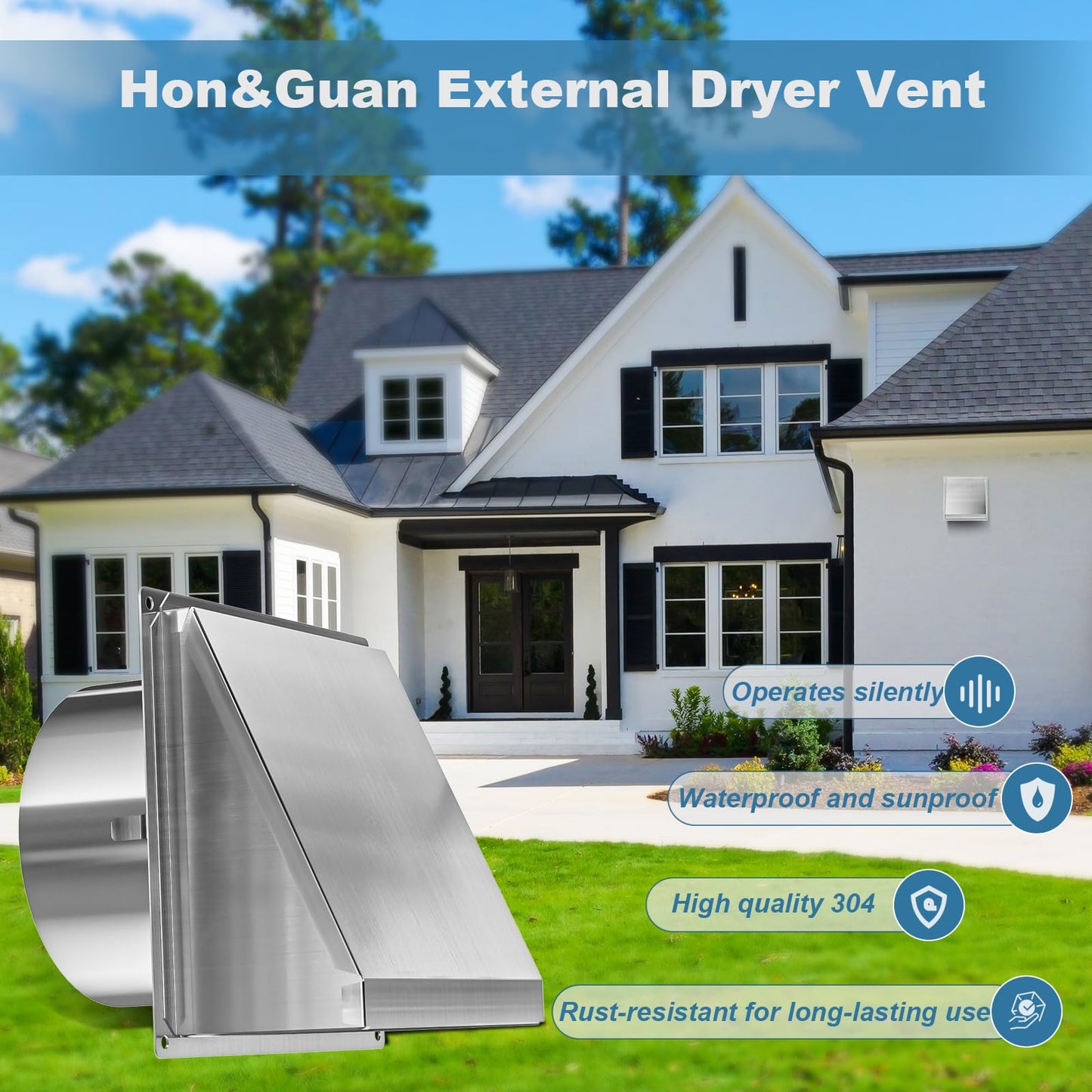 Hon&Guan Dryer Vent Cover Outside 4 Inch with Removable Mesh -304 Stainless Steel Wall Vent Exhaust Vent Cover Rubber Cushioned Non Return Flap
