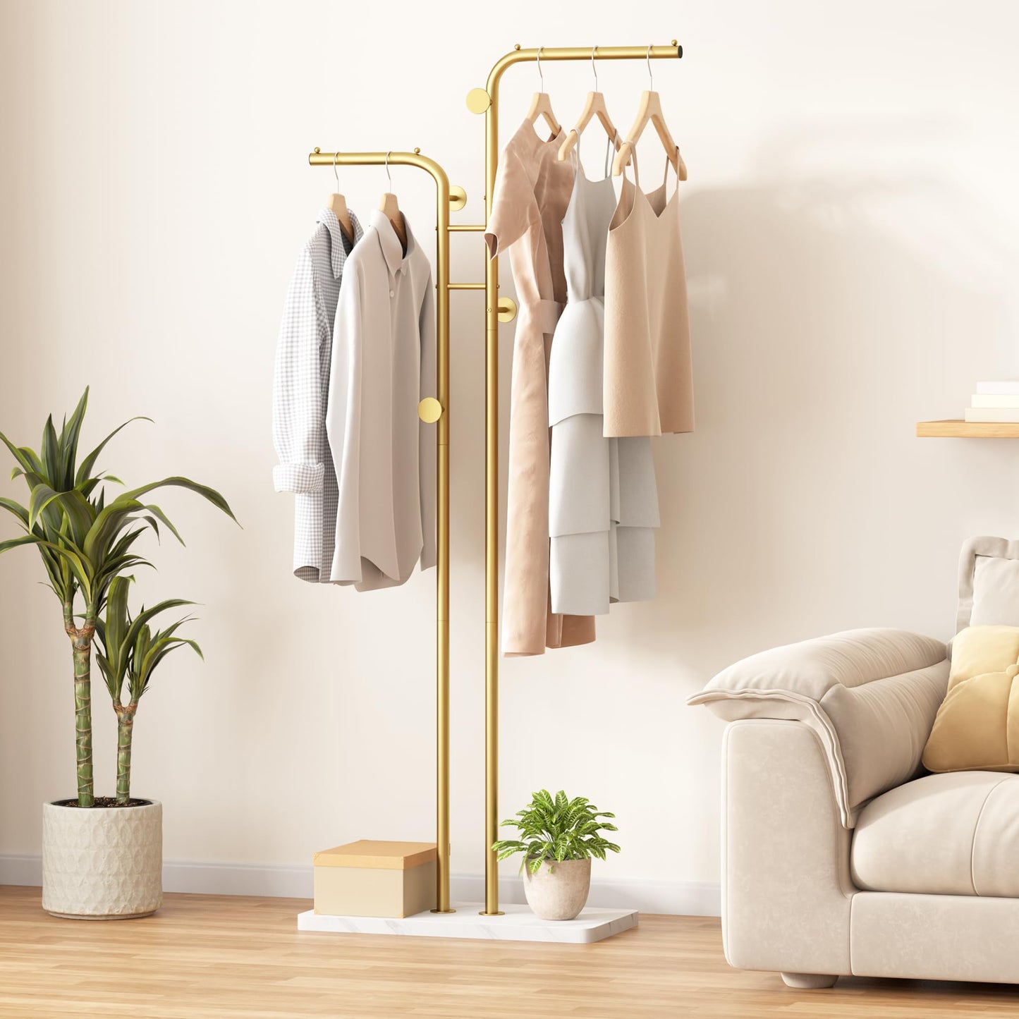 HOMEFORT Double-pole Coat Rack, Freestanding Metal Coat Racks, Clothes Hat Stand with 5 Hooks for Closet, Bedroom, Entryway, Living Room, Gold