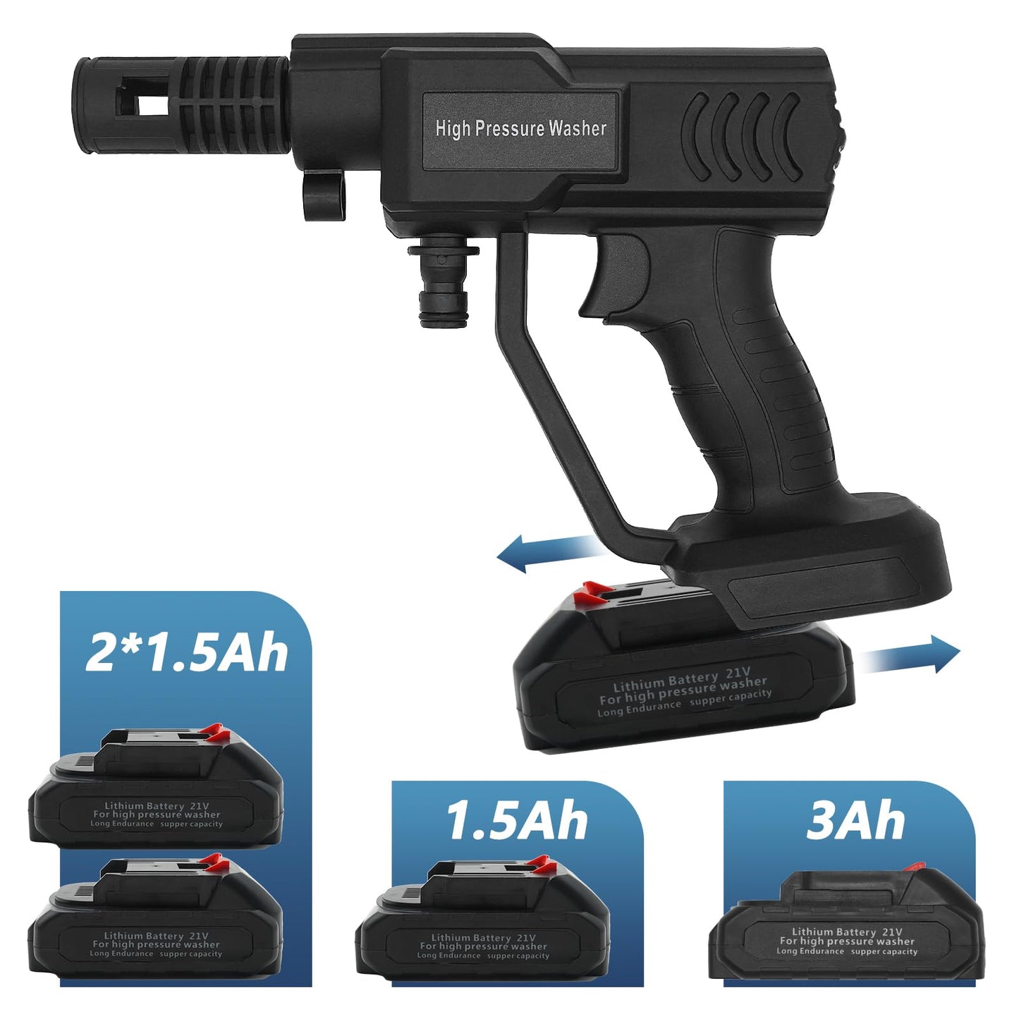 DERASL Cordless Pressure Washer, Adjustable Spray Nozzle Portable Power Washer 652 PSI, Battery Powered Pressure Washer with 5M Hose, 2x1.5 Ah Battery, Cordless Power Washer for Car/Garden/Floor