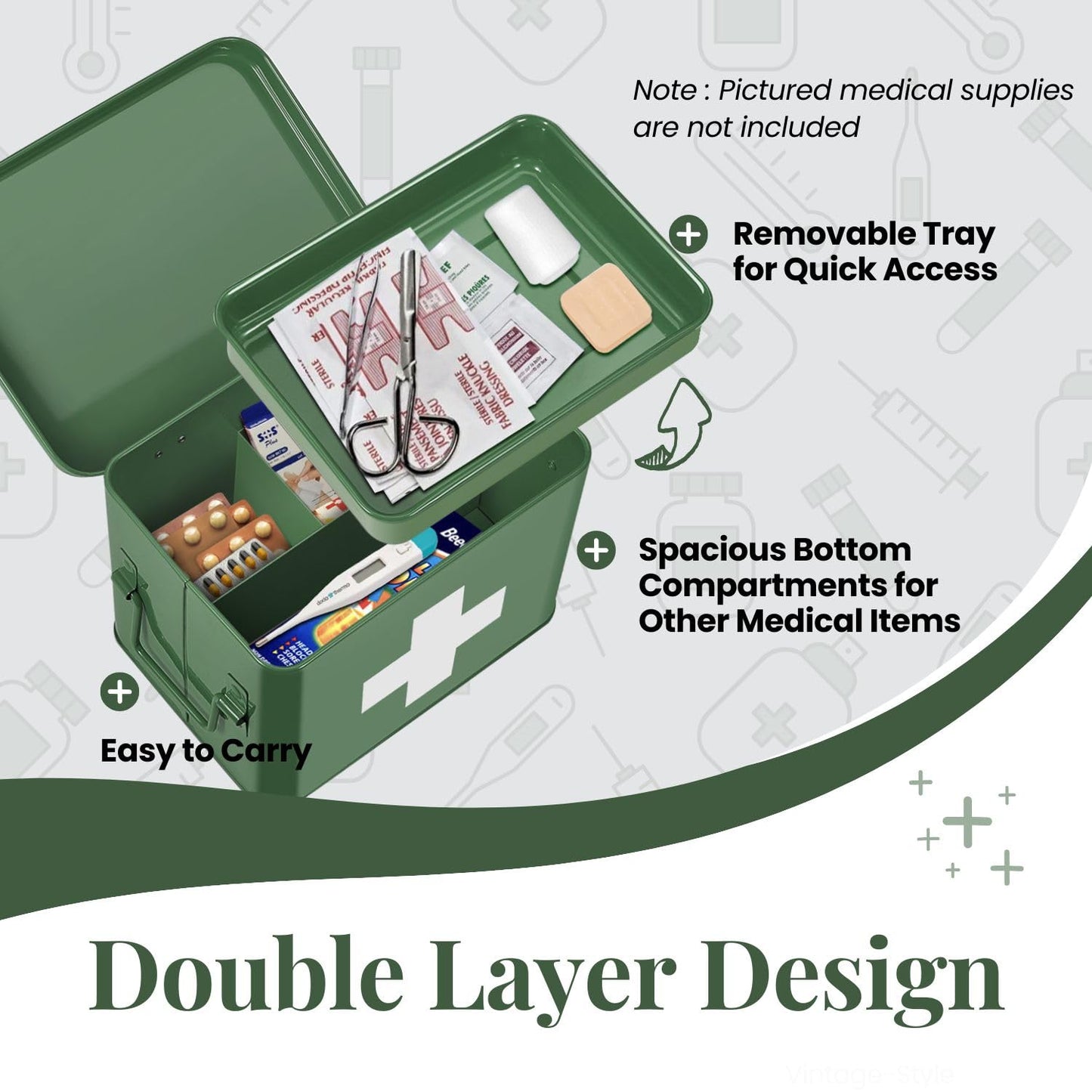 Flexzion First Aid Box Organizer, Empty 8.5 Inch Green Vintage First Aid Kit Tin Metal Medical Box First Aid Storage Box Container Bins with Dividers, Removable Tray and Cross Logo