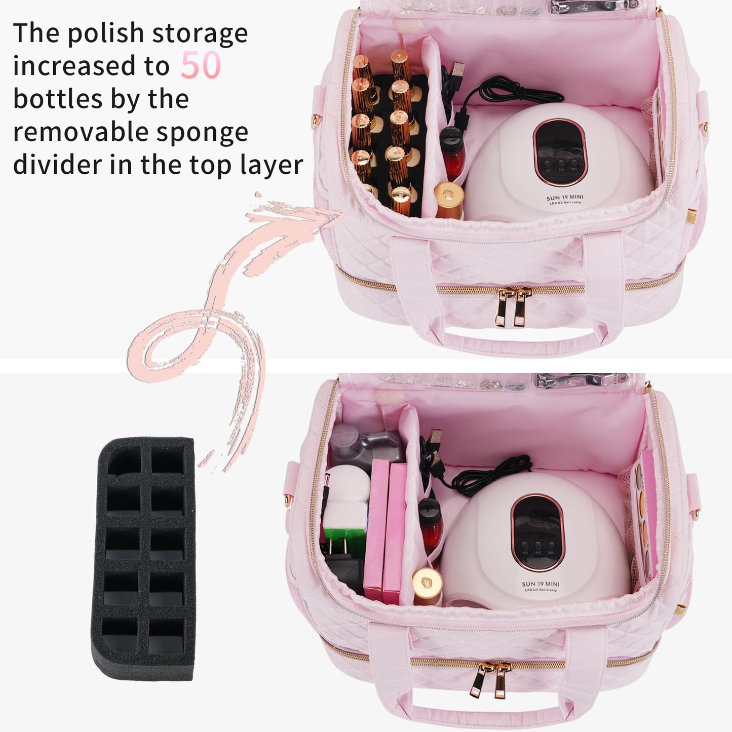 GR69N Nail Polish Organizer Case,Nail Storage Organizer Holds Nail Lamp & 50 Bottles Nail Polish,Travel Nail Tech Case,Nail Kit Organizer Bag Fits Nail Supplies & Manicure Tools,Pink (Patented)