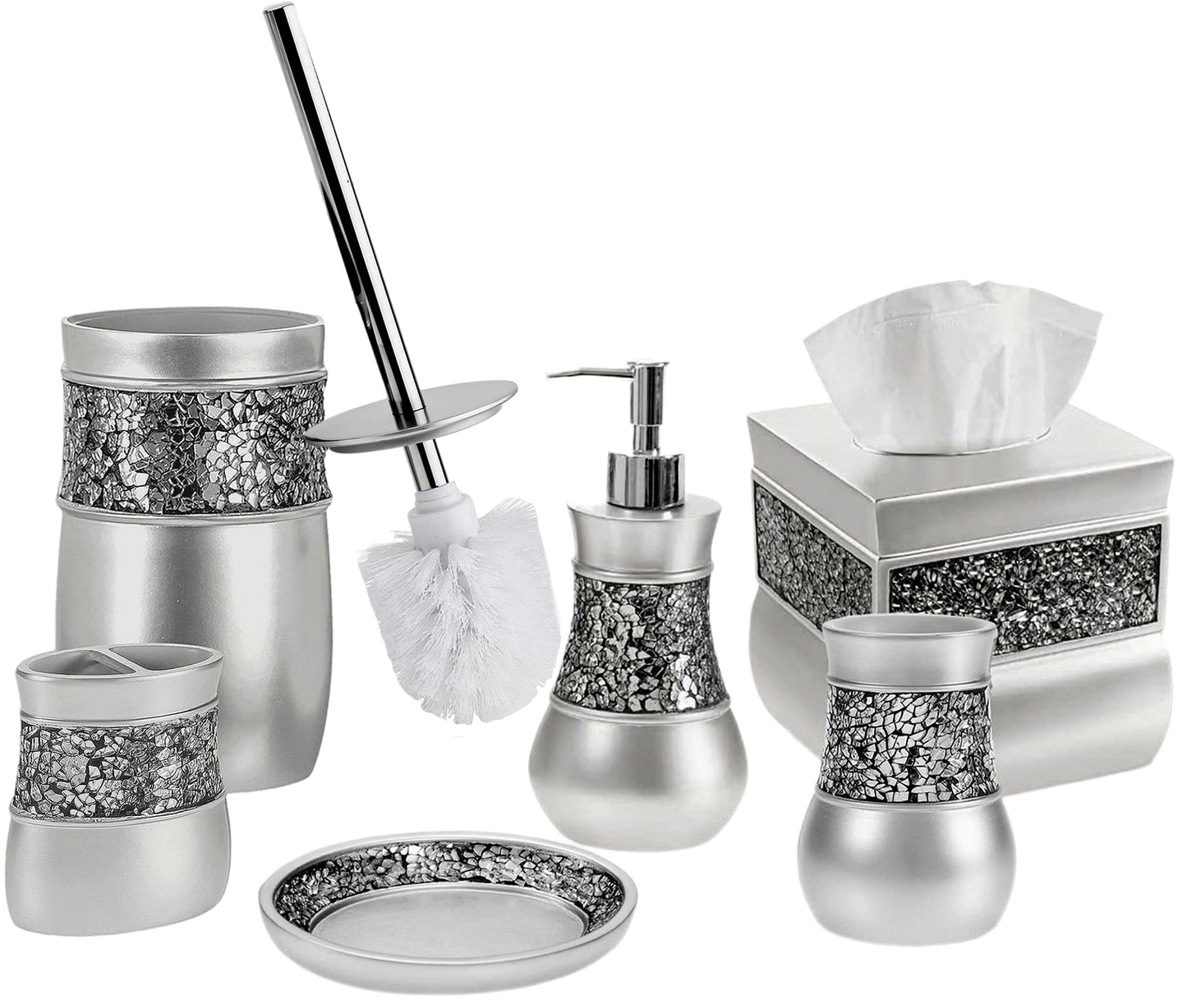 Crackled Glass Toilet Brush with Holder - Silver Toilet Bowl Cleaner Brush and Holder - Good Grip, Deep Cleaning, Decorative Design Compact Toilet Bowl Scrubber