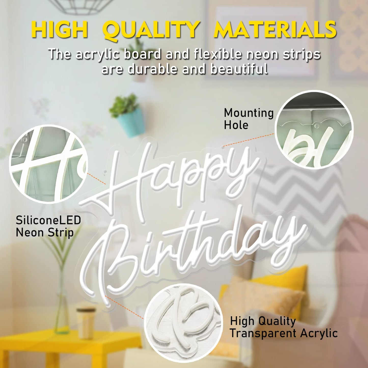 Happy Birthday Neon Sign Reusable White LED Neon Night Light Birthday Party Decorations USB Operated Decorative for Backdrop Party Bedroom Wall Décor 5v,16.5"*11"