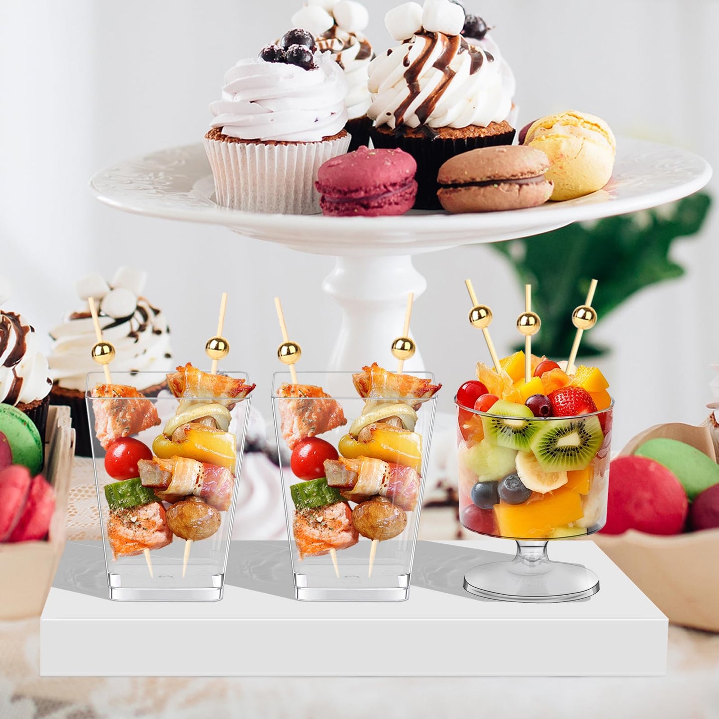 mwellewm 100Pcs Dessert Cups with Spoons&Cocktail Picks 5 Oz Mini Clear Plastic Parfait Shooter Cup Round Small Round Serving Goblet Disposable Appetizer Fruit Desert Bowl for Party Charcuterie