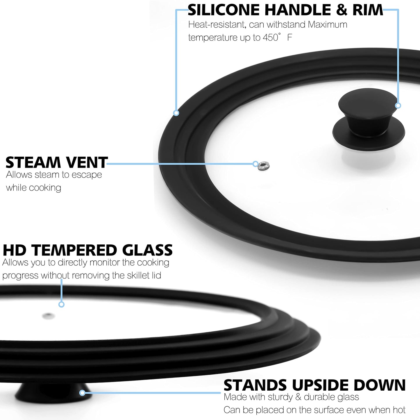 Anaeat Silicone Universal Lid for Pots, Pans and Skillets - Tempered Glass with Heat Resistant Silicone Rim Fits 11", 12" and 12.5" Diameter Cookware -Easy to Use Replacement Frying Pan Cover