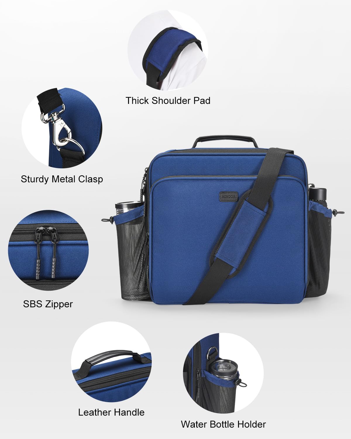 HINOOR 3 Inch 3-Ring Zipper Binder with Water Bottle Holder, D-Ring Zip Up Binder with Shoulder Strap, 700 Sheet Capacity, Compatible with 13" MacBook/Tablet, for School, Office (Dark Blue)