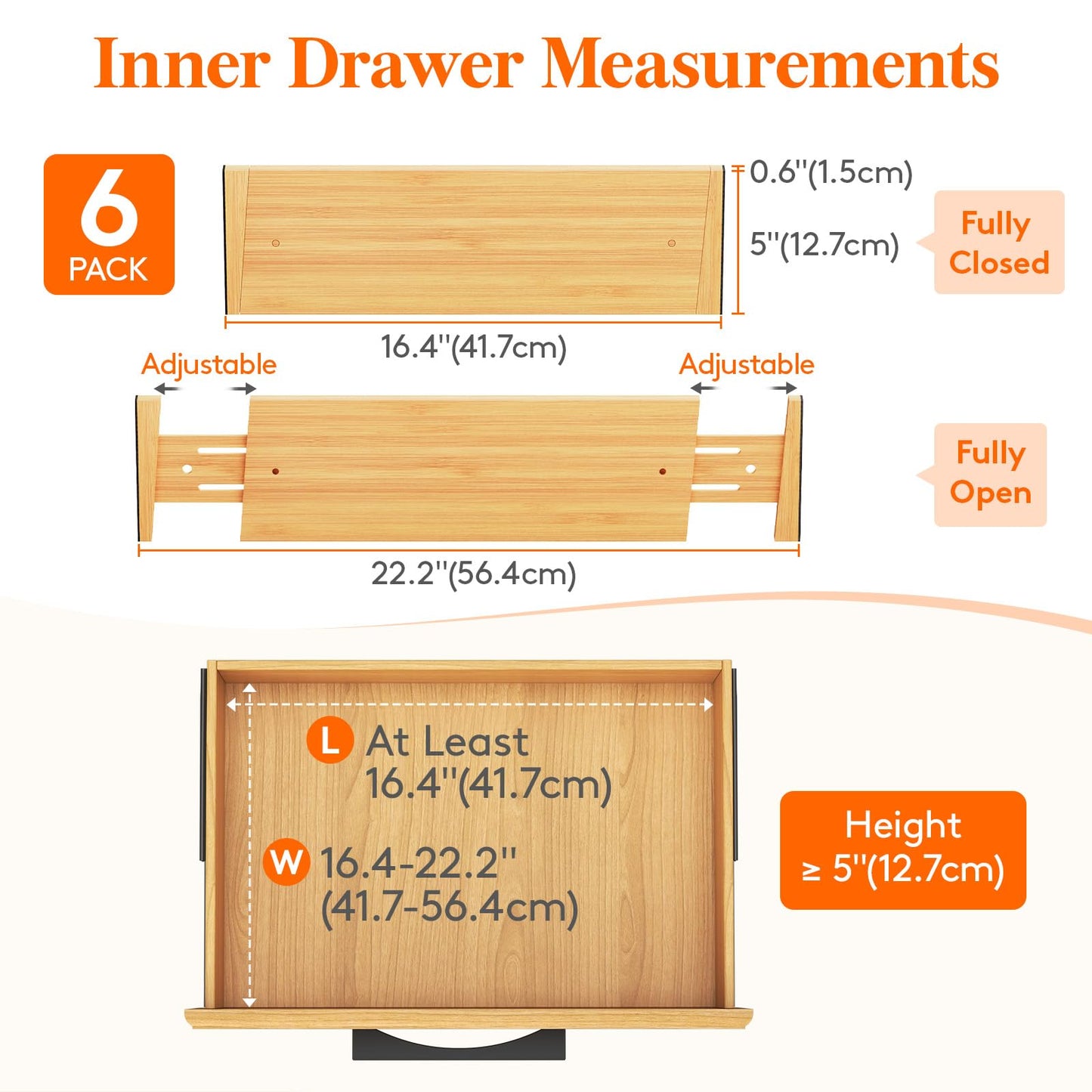 Lifewit Bamboo Drawer Dividers, Adjustable Clothes Drawer Organizers, Expandable Dresser Separators in Bedroom/Bathroom/Kitchen/Office Organization and Storage, 5" High 17.5-22.0" Long, 6 Pack