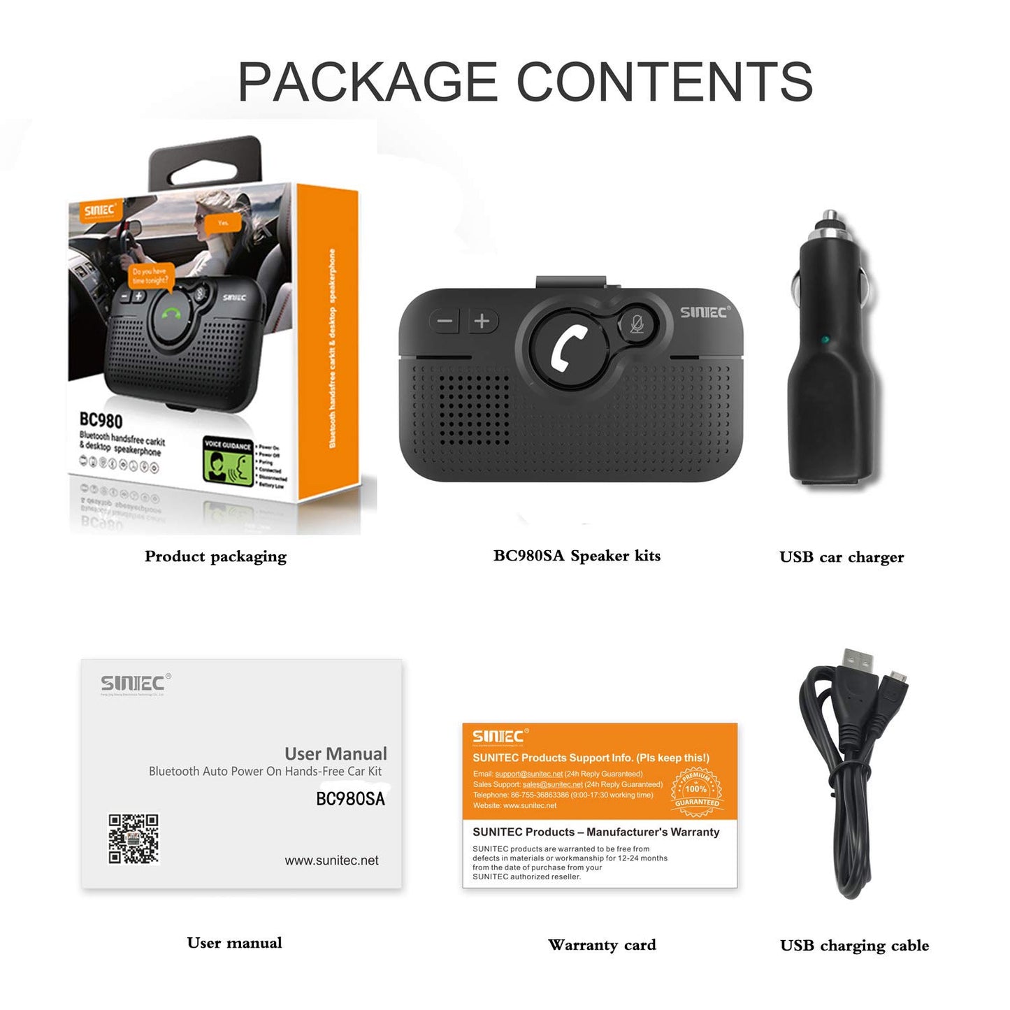 SUNITEC Hands Free Bluetooth for Cell Phone Car Kit, AUTO Power ON Bluetooth Phone Speaker for Car, Support Siri Voice Assistant Wireless in-Car Speakerphone with Visor Clip - BC980SA