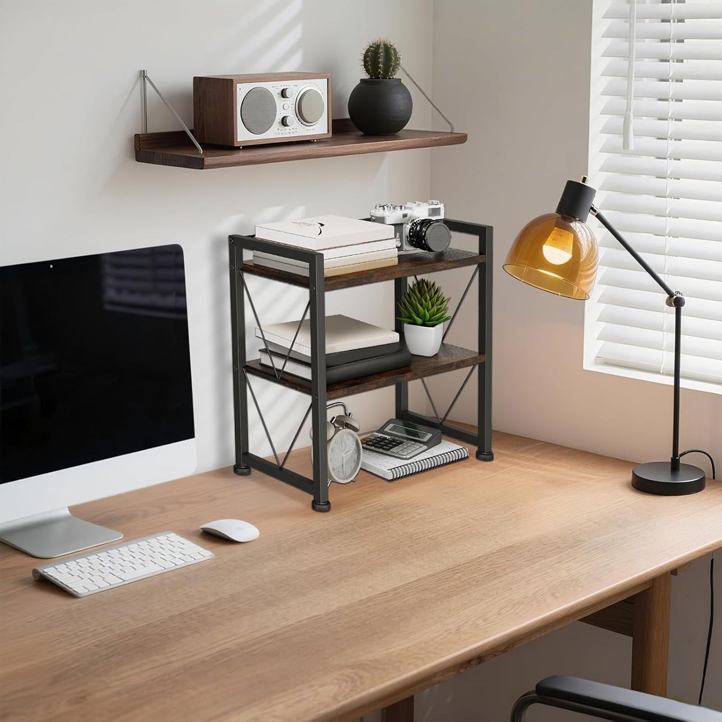 VSIWB Desktop Organizer Shelf, 2 Tiers Desk Organizers and Storage, Countertop Organizer Desktop Bookshelf, Metal and Wooden Desk Storage Shelf, Desk Shelf for Home Office Coffee Bar Bedroom Kitchen