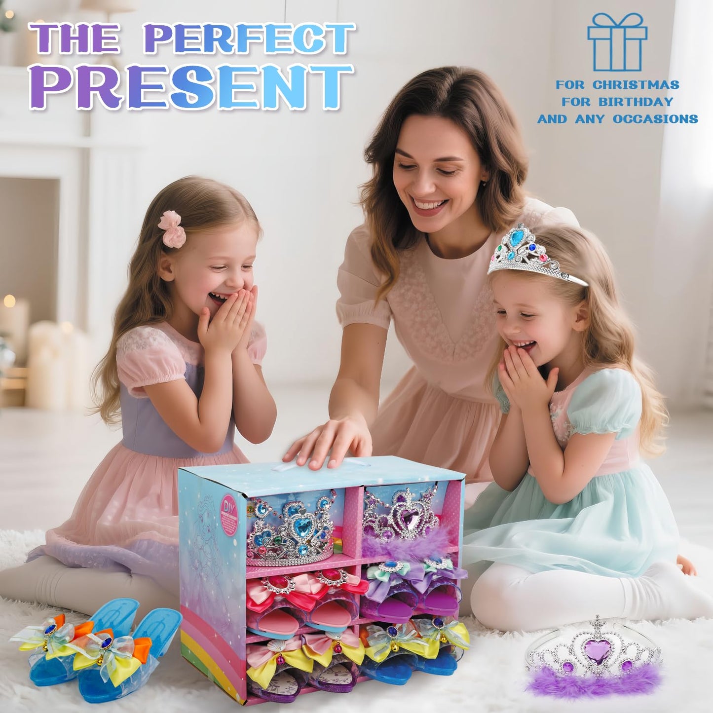 Hechify Princess Dress Up for Girls Ages 3-6, with Crystal Shoes, Crowns, Necklaces, Earrings, Rings, Bracelet and Handbag, Multicolour, Princess Toys for Kids Birthday Gift