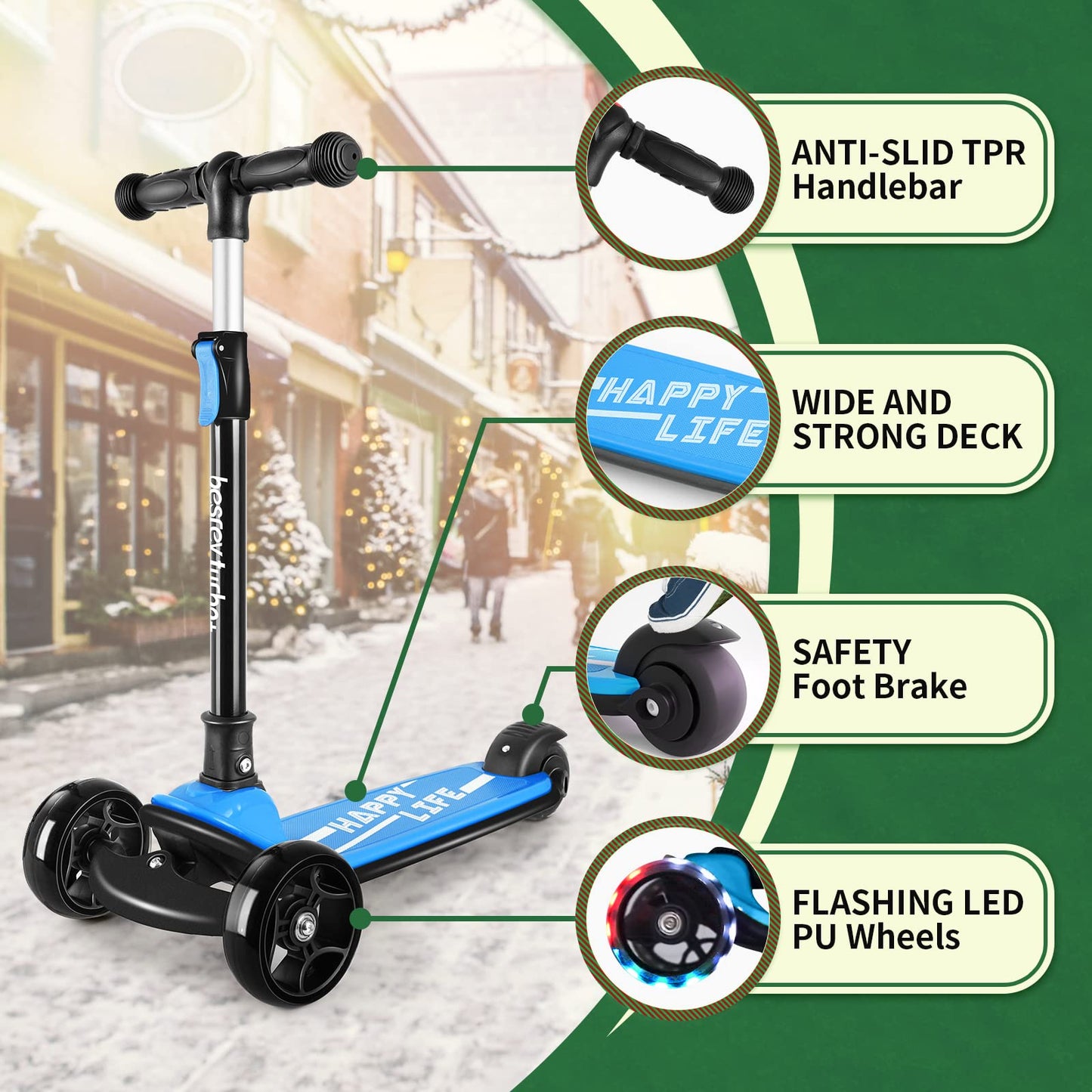 besrey Kick Scooters for Kids Ages 3-10, 3 Wheel Scooter for Kids with Adjustable Height, Folding Kids Scooter with LED Light Wheels Rear Brak Extra Wide Deck Outdoor Activities for Boys/Girls