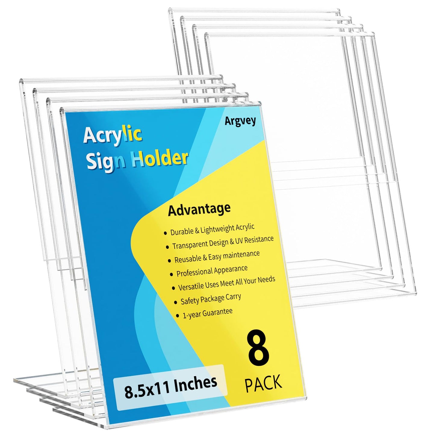 8 Pack Acrylic Sign Holder, Clear 8.5 x 11 Inch Slant Back Vertical Sign Holder, Tabletop Plastic Paper Picture Frame Flyer Document Holder Display Stand for Home, Office, Restaurants, and Stores