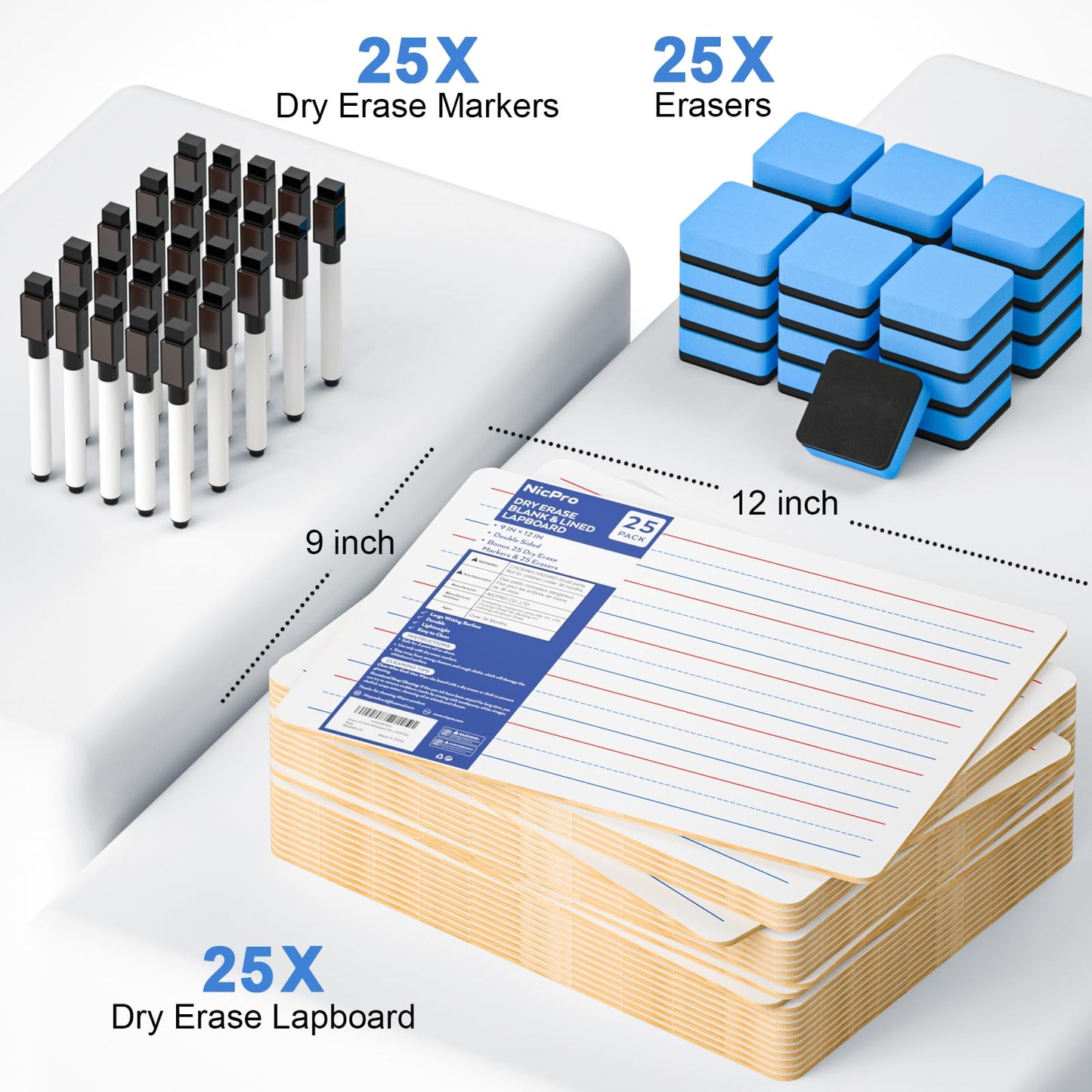 Nicpro 25 Pack Dry Erase Mini Whiteboard - Lined/Plain,9 x 12 Double Sided Lapboard Bulk with 25 Markers, 25 Erasers Learning Small White Boards Portable Drawing Writing for Student, Classroom Use