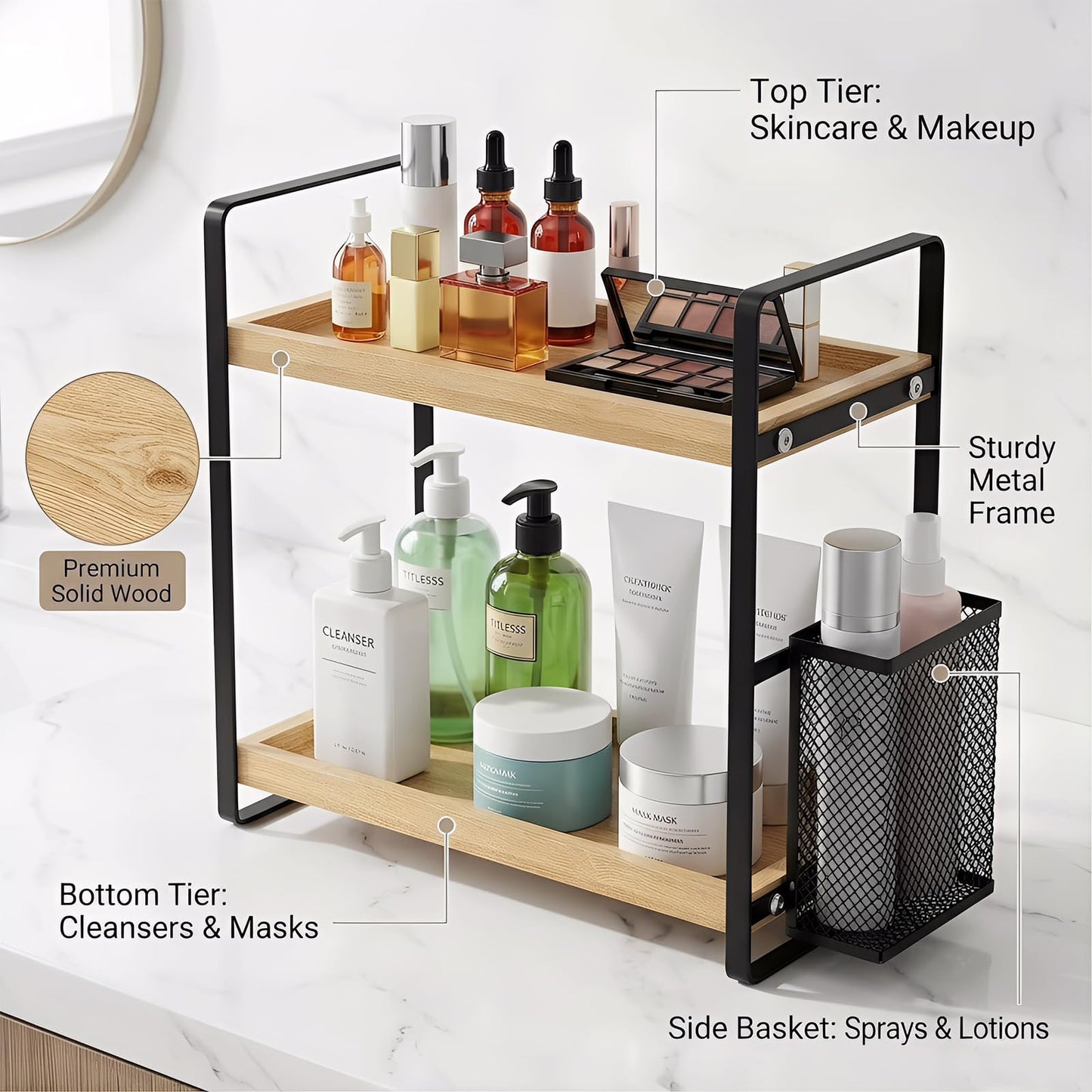 LEMIKKLE Bathroom Countertop Organizer, Perfume Tray and Vanity Organizer,Skincare Organizers for Vanity with Basket,Storage Organizers for Bathroom, Kitchen, Dresser