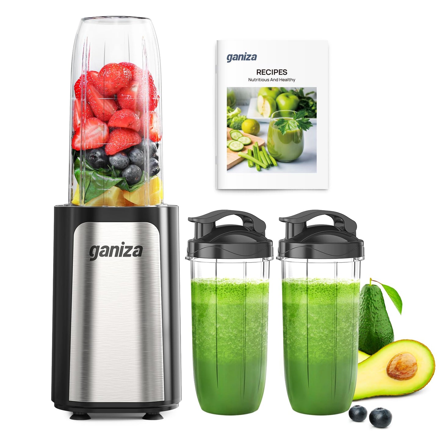 Ganiza Blender for Smoothies, 14Pcs Personal Blenders for Kitchen, Portable Single Serve Smoothie Maker Machine for Shakes, Frozen Drinks with 24 oz, (2) 17 oz To-Go Cups, Nutritious Recipe