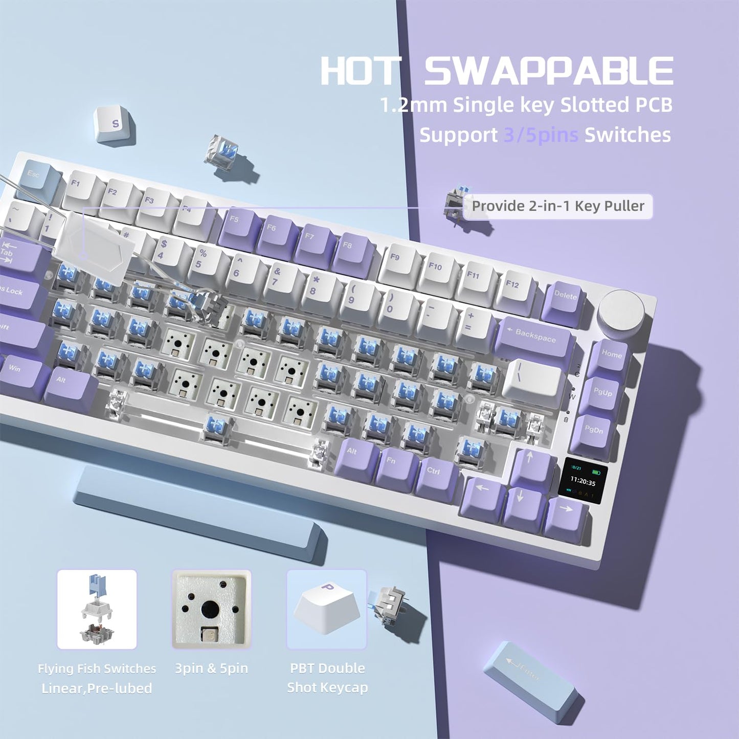 A.JAZZ AK820Pro Gasket Mechanical Gaming Keyboard 75%,TFT Display&Knob,Bluetooth/2.4GHz/USB-C,Hot Swap,5-Layer Sound Absorbing Foams,RGB Backlit,4000mAH Battery for Mac/Win,Flying Fish Switch-Purple
