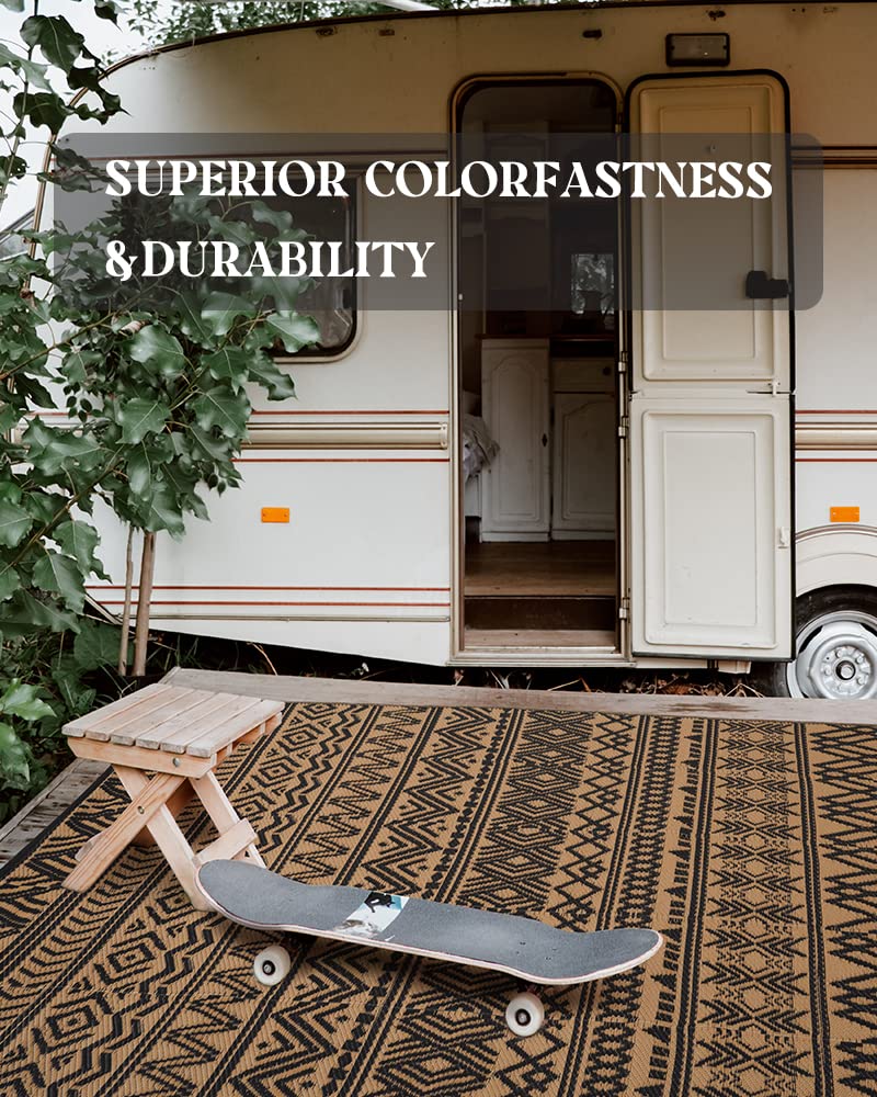 MontVoo-Outdoor Rug 8x10ft Waterproof Outdoor Carpet Patio RV Camping Rug-Outdoor Area Rug Mat for Portable Boho Rugs Deck Picnic Backyard Porch Beach Black Brown
