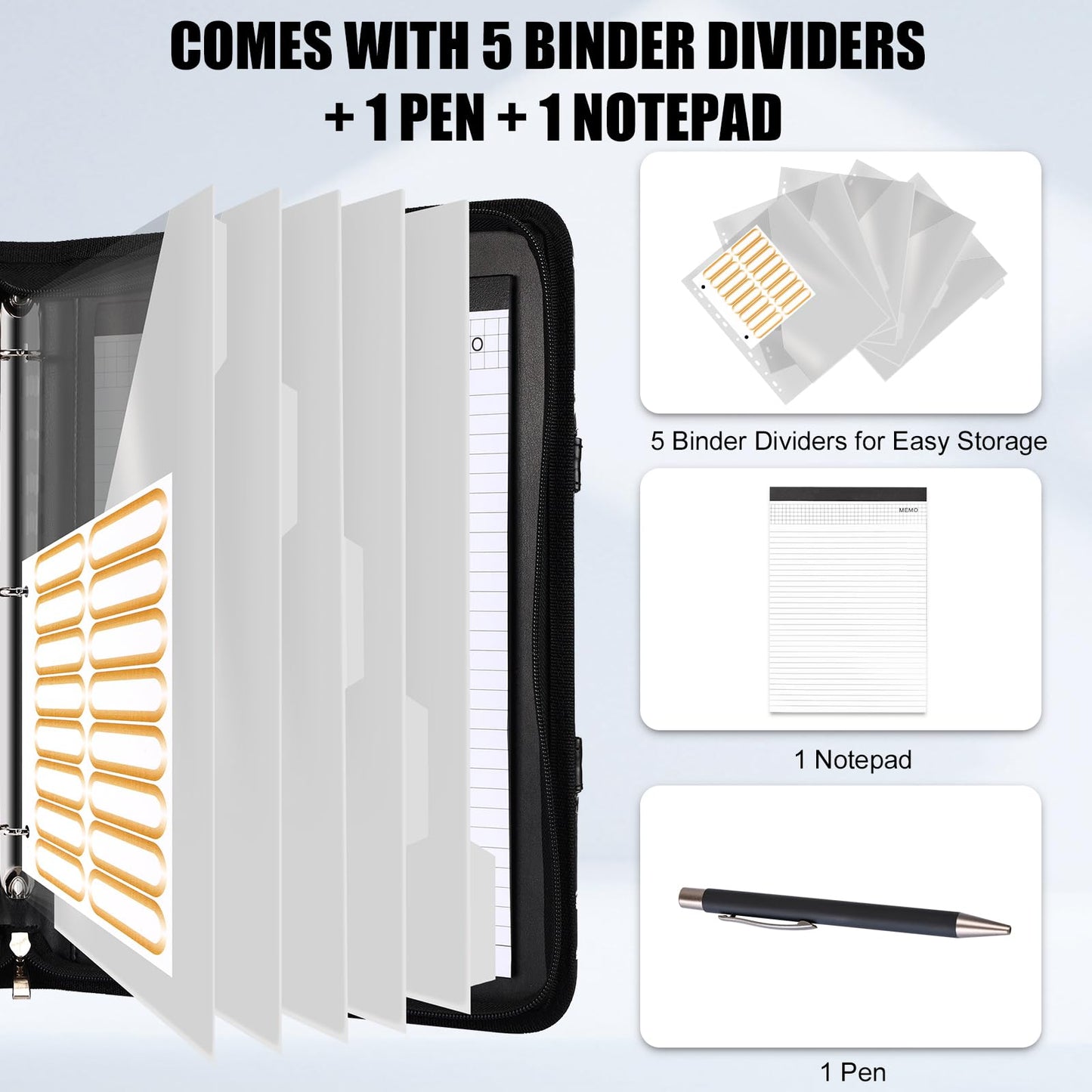 NATISERAUM Portfolio Organizer - 3 Ring Binder with Zipper, Vegan Leather Business Padfolio Folder with Notepad Includes 5 Clear Sheet Protectors for Documents Files for Men Women