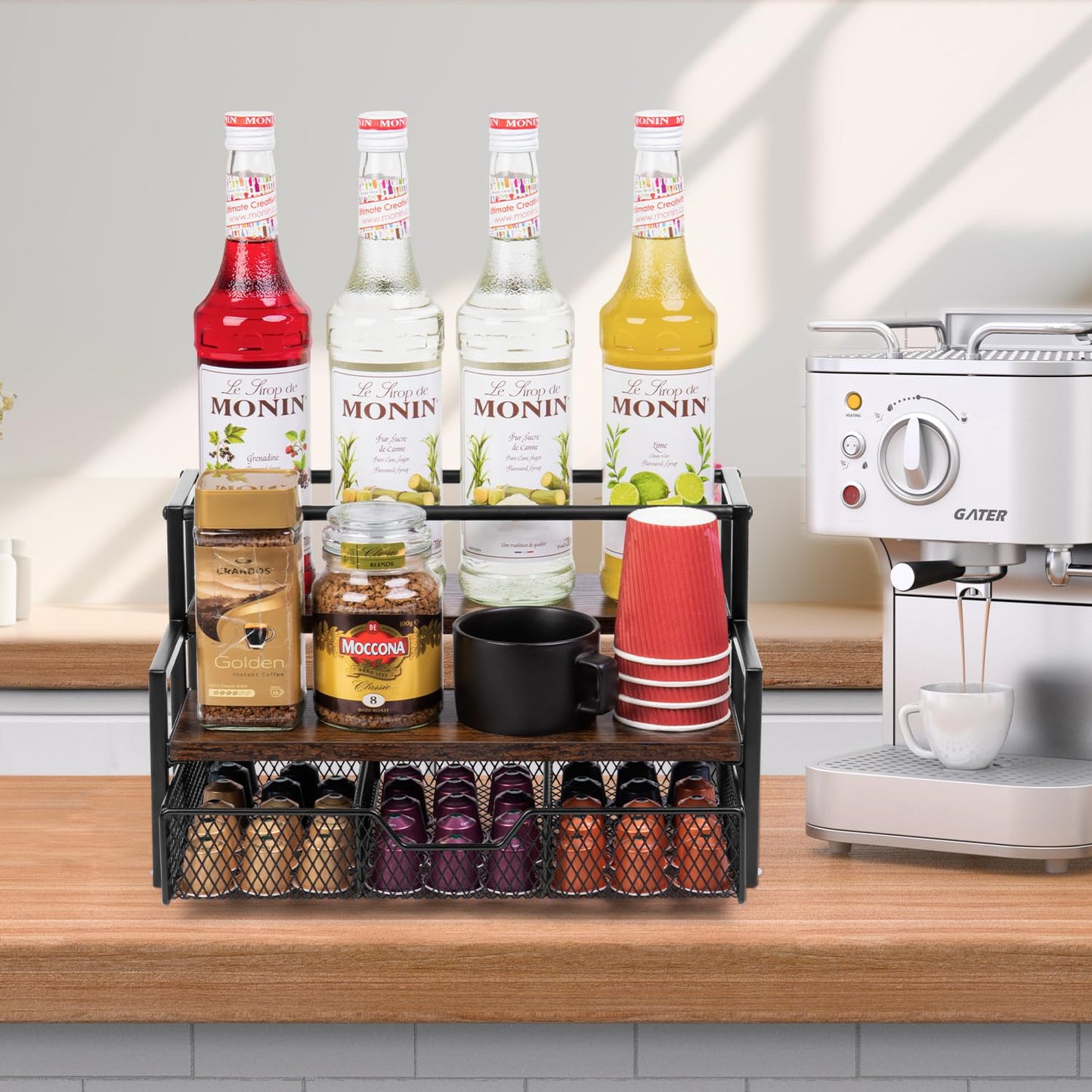 Wetheny Coffee Syrup Organizer for Coffee Bar, 3-Tier Coffee Station Organizer with K Cup Storage Basket for Countertop