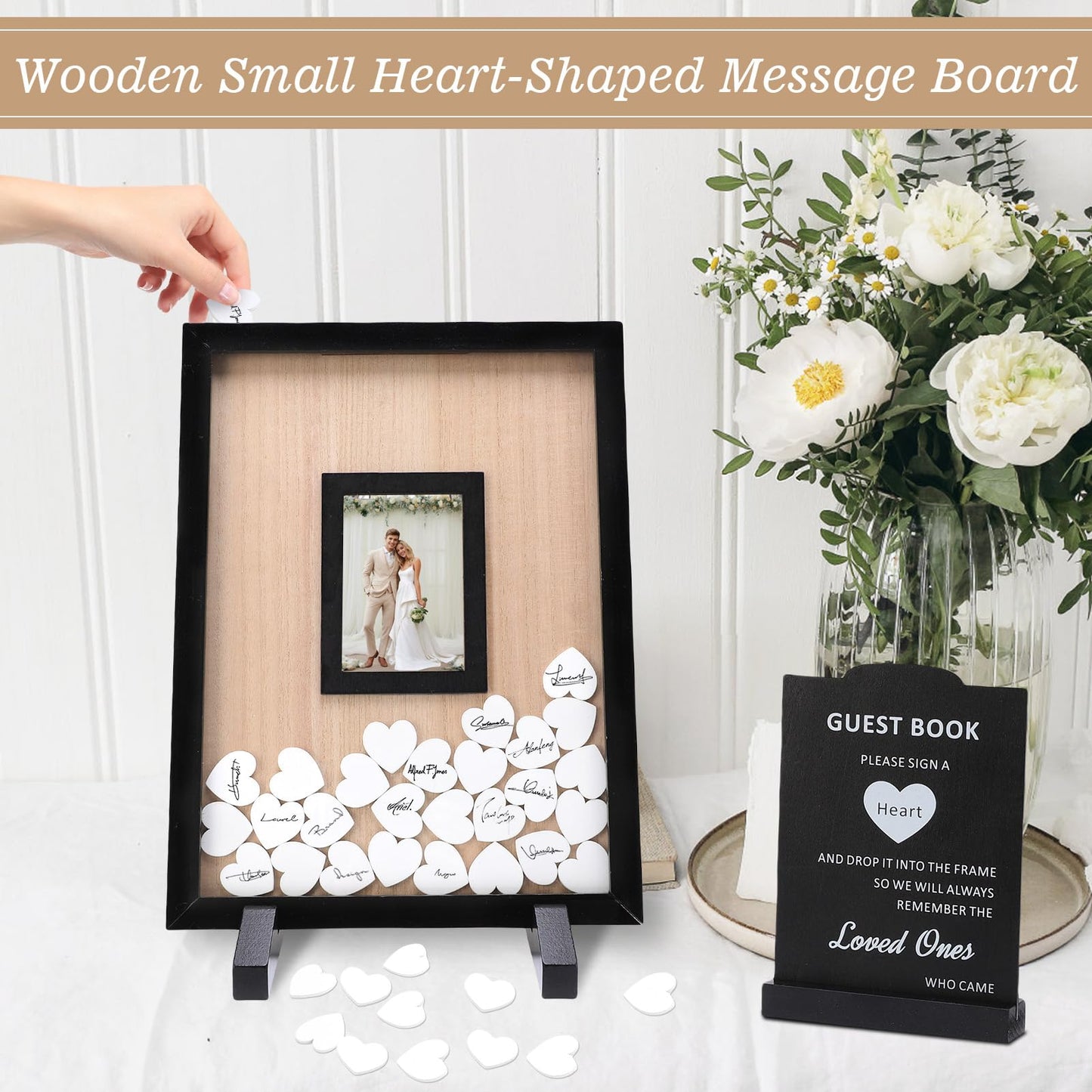 Gugxiom Wedding Guest Book Alternative, Wooden Picture Frame Guestbooks with 90+ hearts, Guest Book Alternative for Wedding Baby Shower Anniversary Birthday Party (Black)