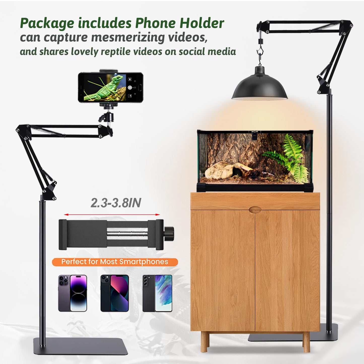 Metal Reptile Lamp Stand Tall Floor，Reptile Heat lamp Stand Adjustable with 360 °Swing Arm Reptile Heating Lamp Stand Suitable for Different Types of Reptile Lights.