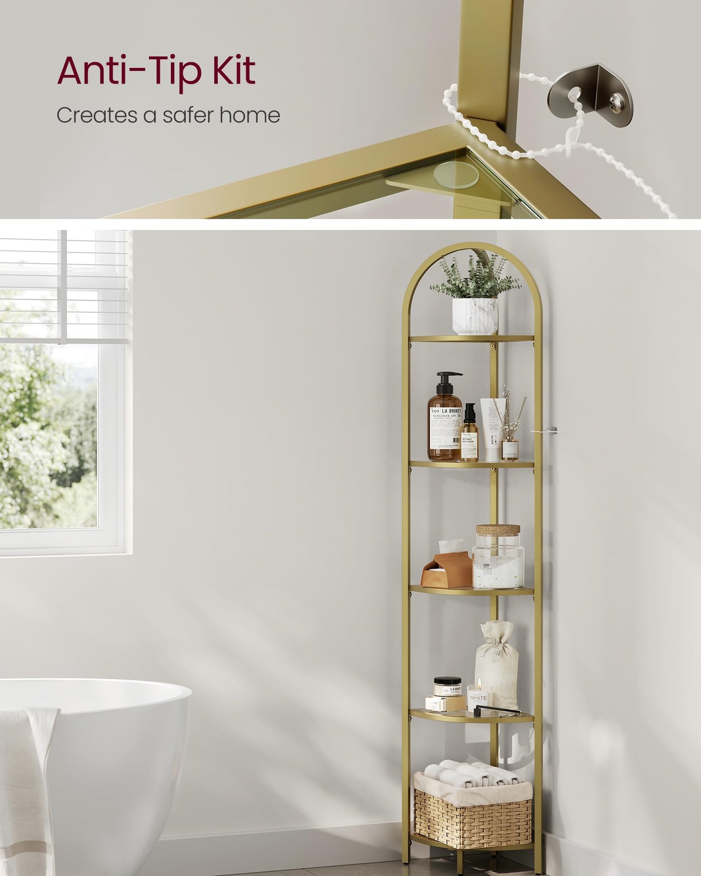 VASAGLE 5-Tier Corner Shelf Stand, Corner Bookshelf, Bathroom Organizer, Plant Stand, Tempered Glass, Metallic Gold ULGT810A01