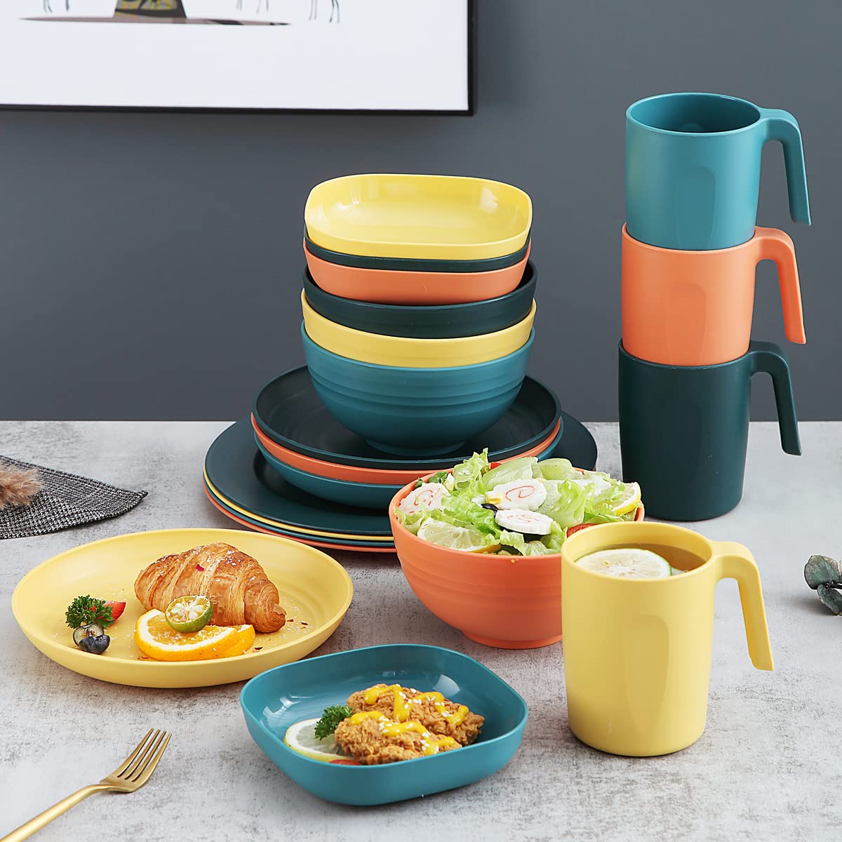 Kyraton Plastic Dinnerware Sets of 20 Pieces, Unbreakable And Reusable Light Weight Plates Mugs Bowls Dishes Easy to Carry And Clean Microwave Safe BPA Free Dishwasher Safe Service For 4 (Mutil Color)