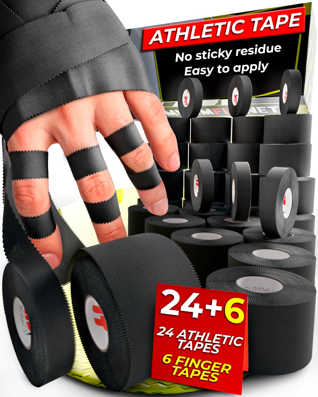 Summum Fit Black Athletic Tape Extremely Strong: 24 Rolls + 6 Finger Roll. Easy to Apply & No Residue. Sports Tape Athletic for Boxing Football Climbing or Gymnastics for Wrist Ankle & Hand Protection