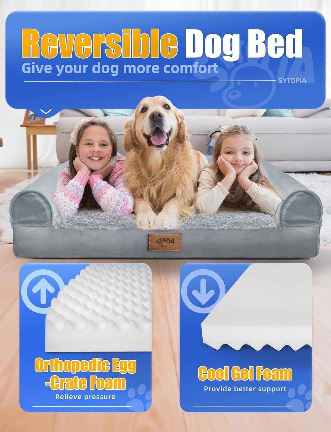 Sytopia Indestructible Dog Bed for Large Dogs Clearance Washable, Chew Proof Orthopedic Pet Bed with Removable Cover and Anti-Slip Bottom, Deluxe Waterproof Dog Crate Bed- Sofa XL Dog Bed