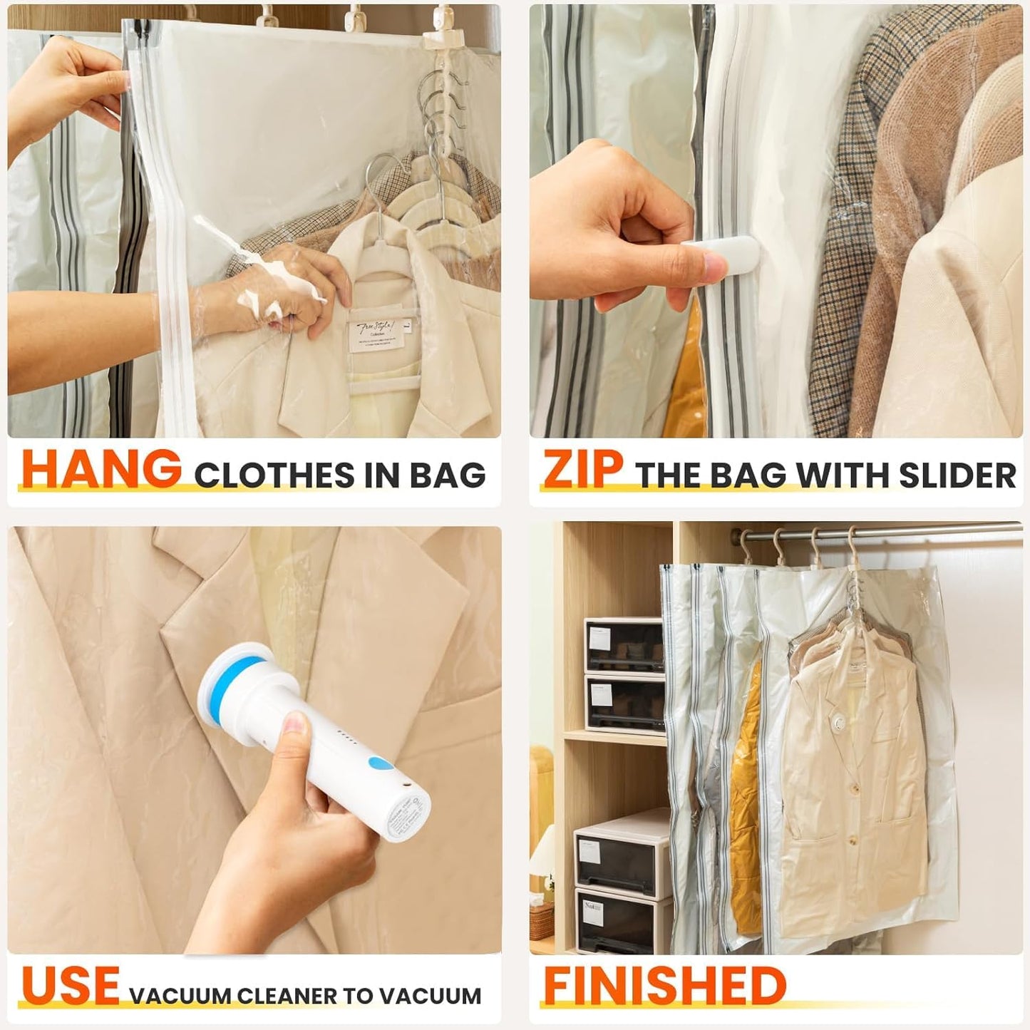 DUORAN Hanging Vacuum Storage Bags – 4 Pack (2 Long, 2 Short) Hanging Vacuum Seal Bags for Clothing, Closet Organizer Space Saver for Suits, Jackets & Coats