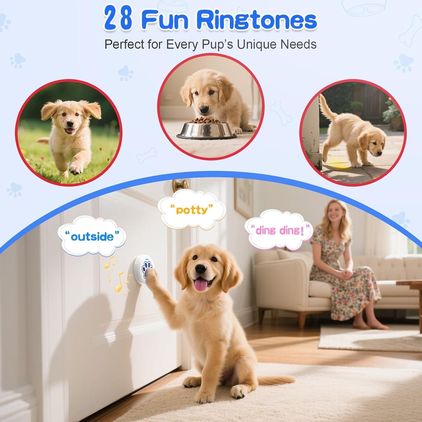 ChunHee Smart Dog Door Bell for Potty Training to Go Outside, Wireless Doggie DoorBell for Dogs, Doggy Bells Waterproof Touch Button and Adjustable Volume(2 Dog Buttons)