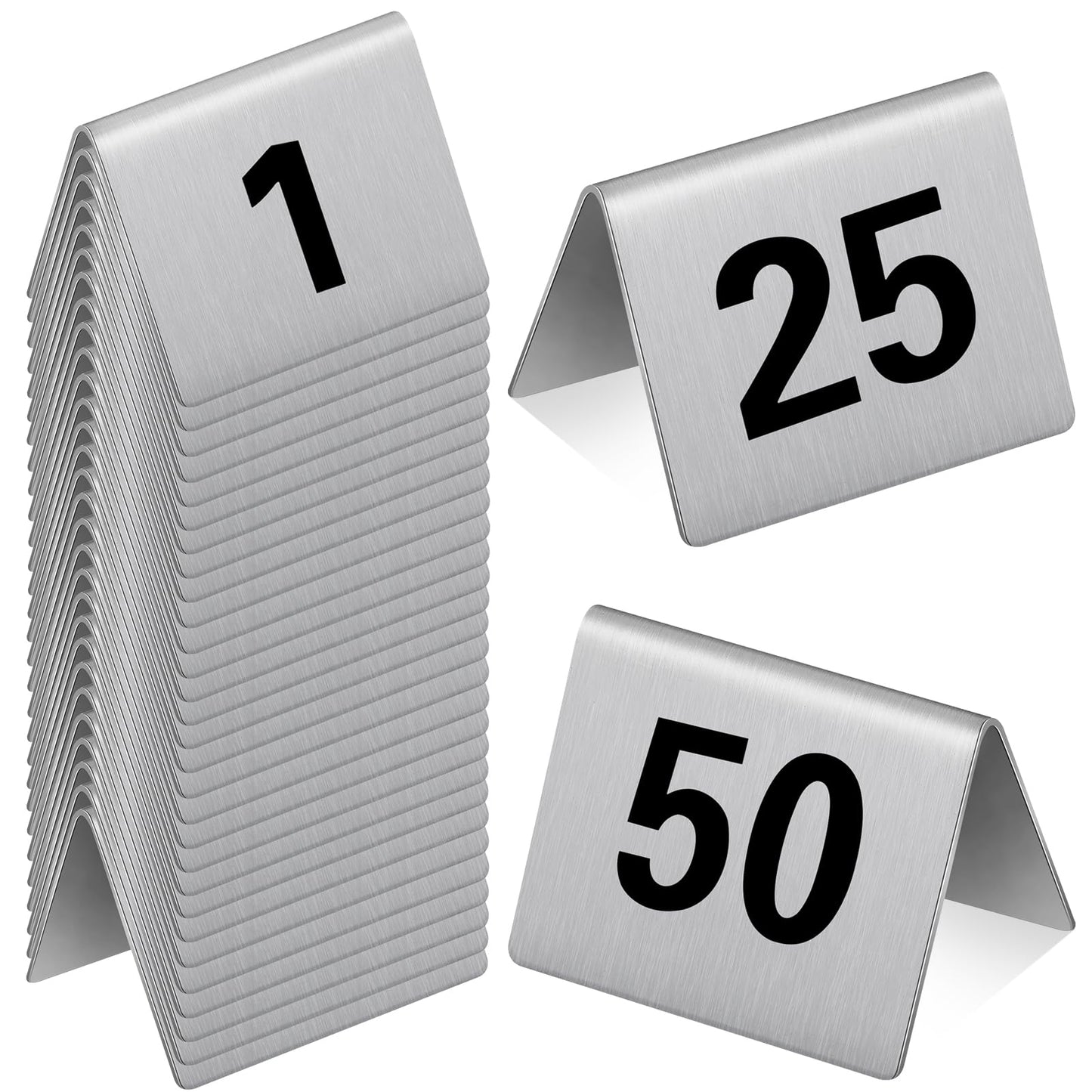 Wenqik 50 Pcs Stainless Steel 1-50 Table Numbers Tent 2 x 1.6 Inches Style Restaurants Table Number Card Tent Cards for Cafes Bars Party Banquets Food Service Wedding Evidence Markers Supplies