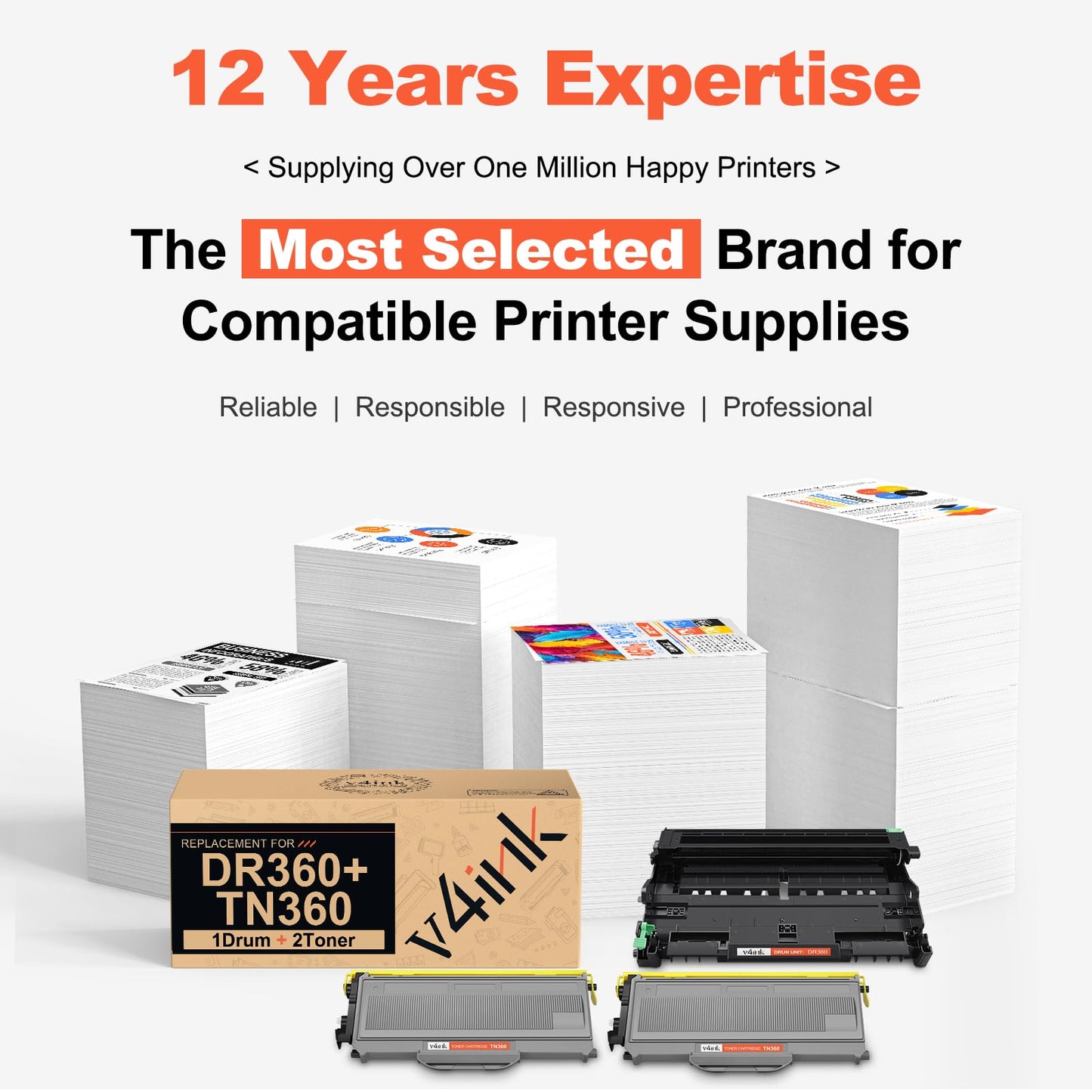V4INK New Compatible (1 Drum + 2 Toners) Brother TN360 Toner Cartridge + DR360 Drum Set Use with Brother DCP-7030 DCP-7040 HL-2140 2150N HL-2170W Brother MFC-7340 MFC-7840W 7440N MFC-7345N Printer