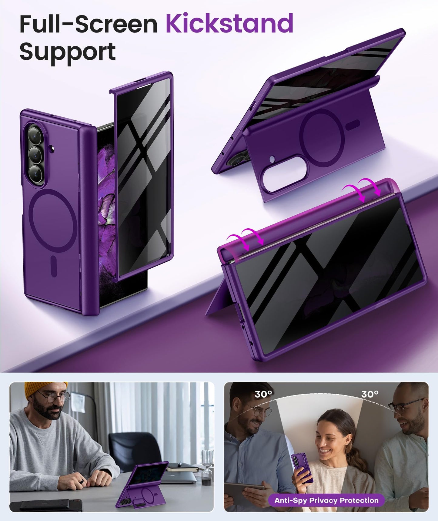 BERFY Magnetic for Samsung Galaxy Z Fold 7 Case with Privacy Screen Protector, [Compatible with MagSafe][Anti Spy] Built-in Hidden Kickstand, Full-Body Shockproof Slim Phone Case for Z Fold 7, Purple