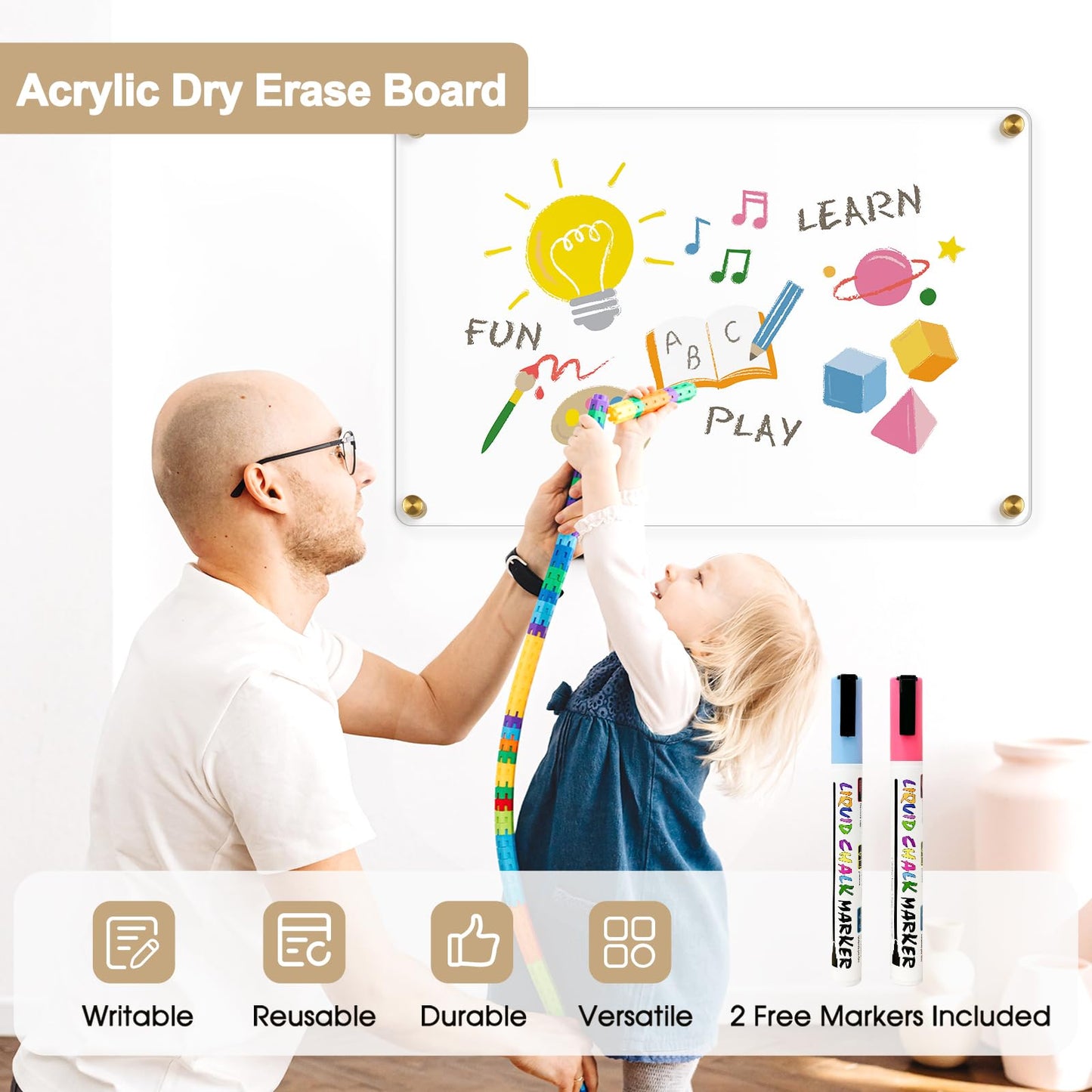 AMUSIGHT Large Clear Acrylic Dry Erase Board, 28" X 20" Golden Non-Magnetic Frameless Clear White Board for Wall, Erasable Acrylic Board for Wall, Home, Office, School, 2 Markers
