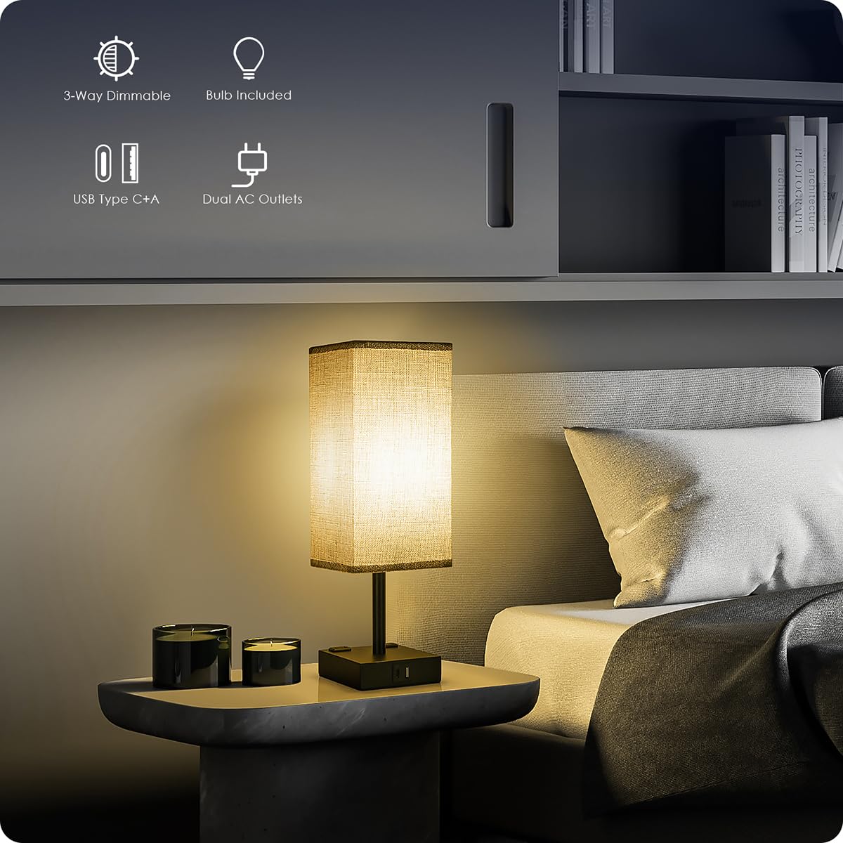 Touch Control Table Lamp - Soilsiu 3 Way Dimmable Nightstand Lamp with USB C & USB A Charging Port, 2 AC Outlets, 3000K LED Bulbs, Grey Fabric Shade Modern Bedside Lamp for Bedroom…