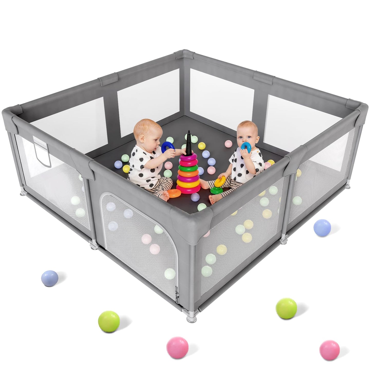 Palopalo Baby Playpen, 50''x50'' Small Playard for Babies and Toddlers, Baby Activity Center with 8 Suction Cup Bases, Infants Play Pen with Gate and Soft Breathable Mesh, Ideal for First-time Mom