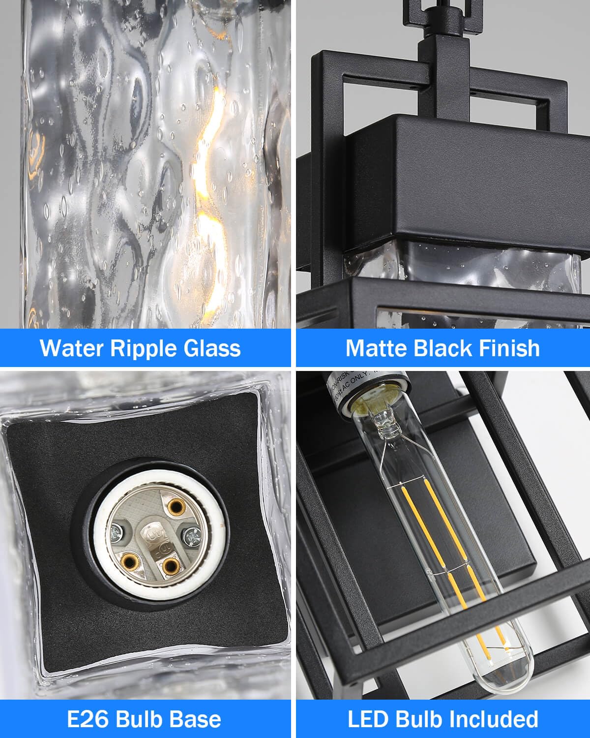 Outdoor Pendant Light for Porch, Waterproof Hanging Ceiling Lantern with Water Glass, Black Exterior Light Fixture for Front Door Gazebo Entryway, E26 Base, LED Bulb Included