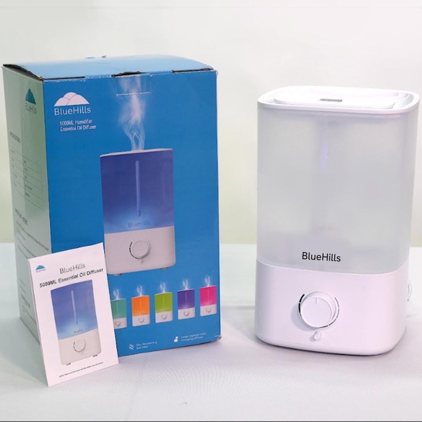 BlueHills Premium 5000 ML XL Essential Oil Diffuser Humidifier Large Room Huge Coverage Area 5 Liter Big Capacity High Mist Output 100 Hours Long Run Time Aroma Diffuser White G501