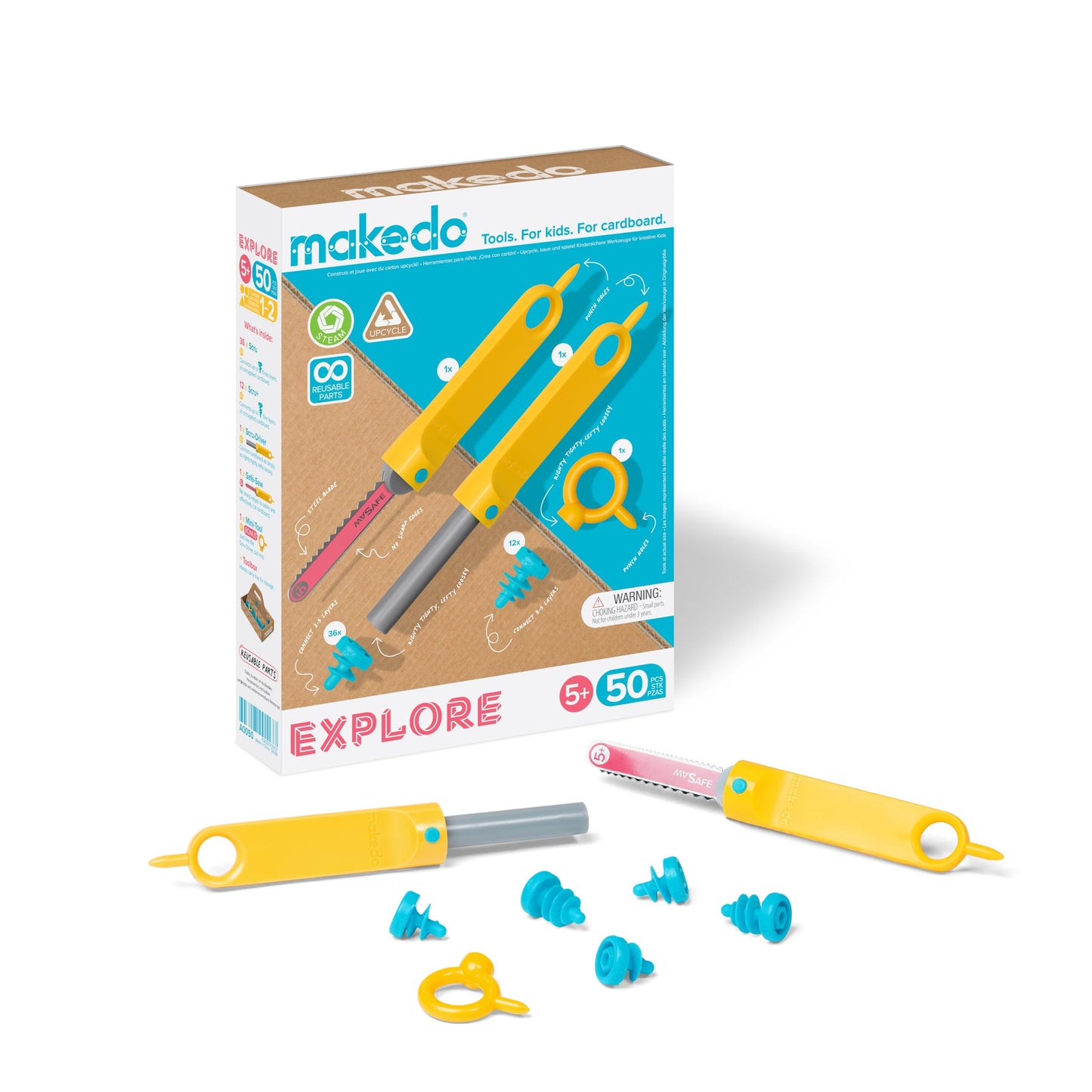 Makedo Explore | Upcycled Cardboard Construction Tool Kit in Small Toolbox (50 Pieces) | STEM + STEAM Educational Toys for at Home Play + Classroom Learning | Reusable Tools for Boys and Girls Age 5+